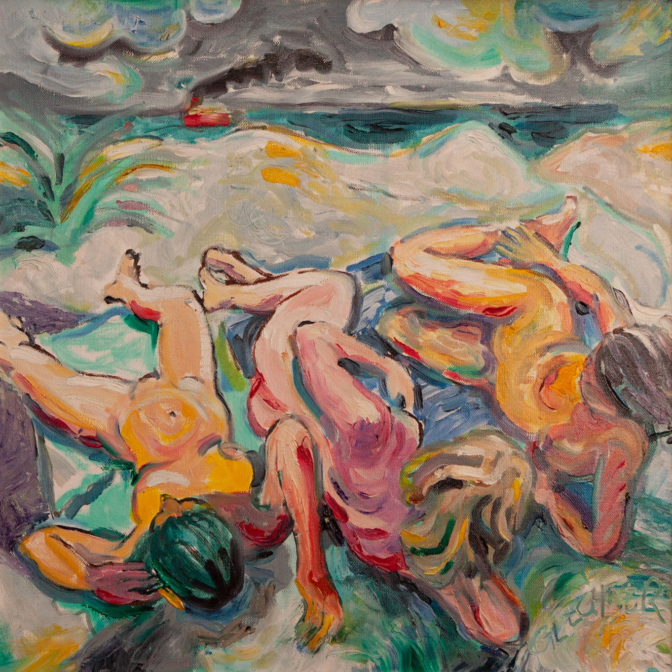 3 Frauen mit Dampfschiff, 50 x 50 cm, Öl auf Leinwand