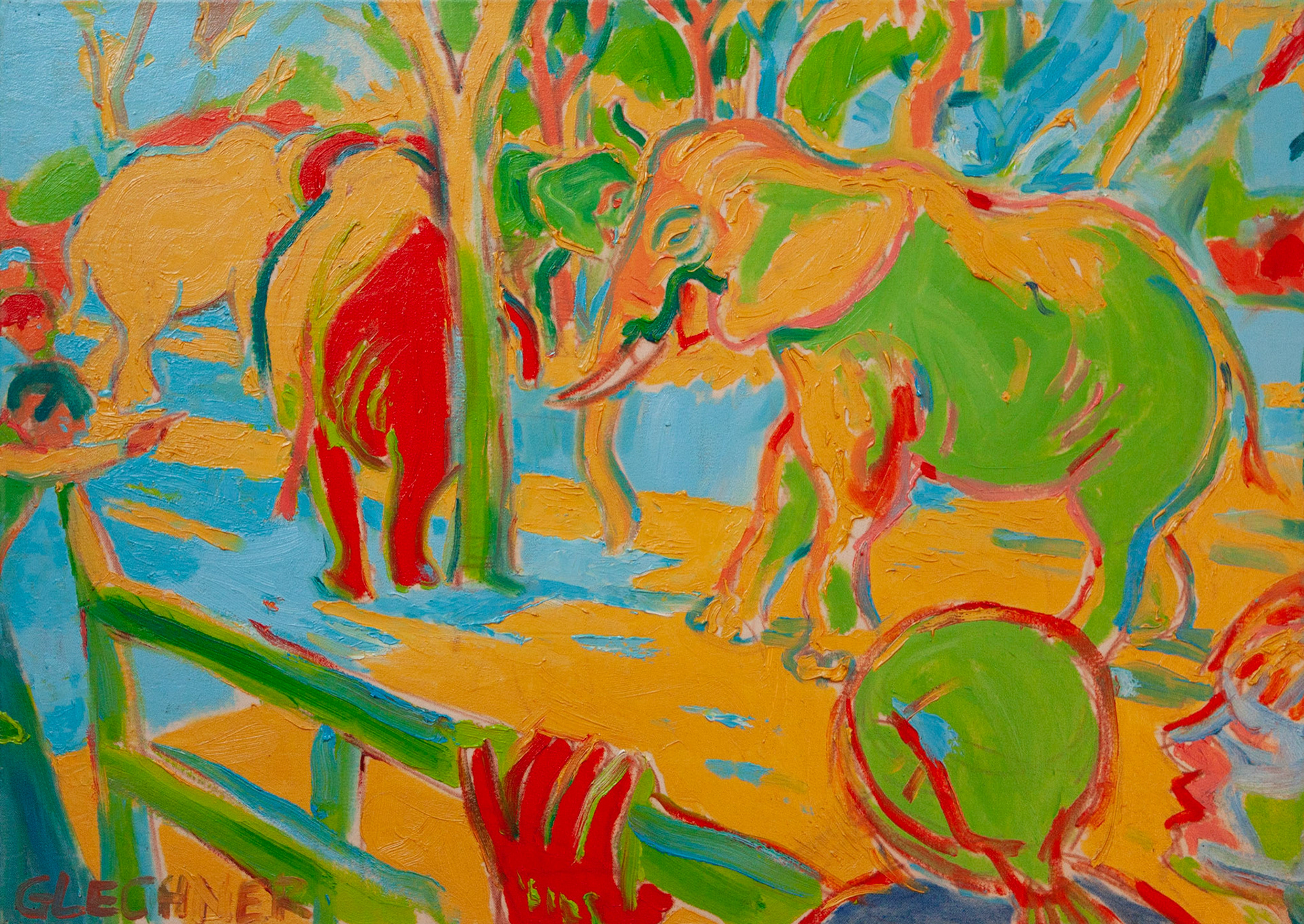 Elefanten mit Haube, 50 x 70 cm, Öl auf Leinwand