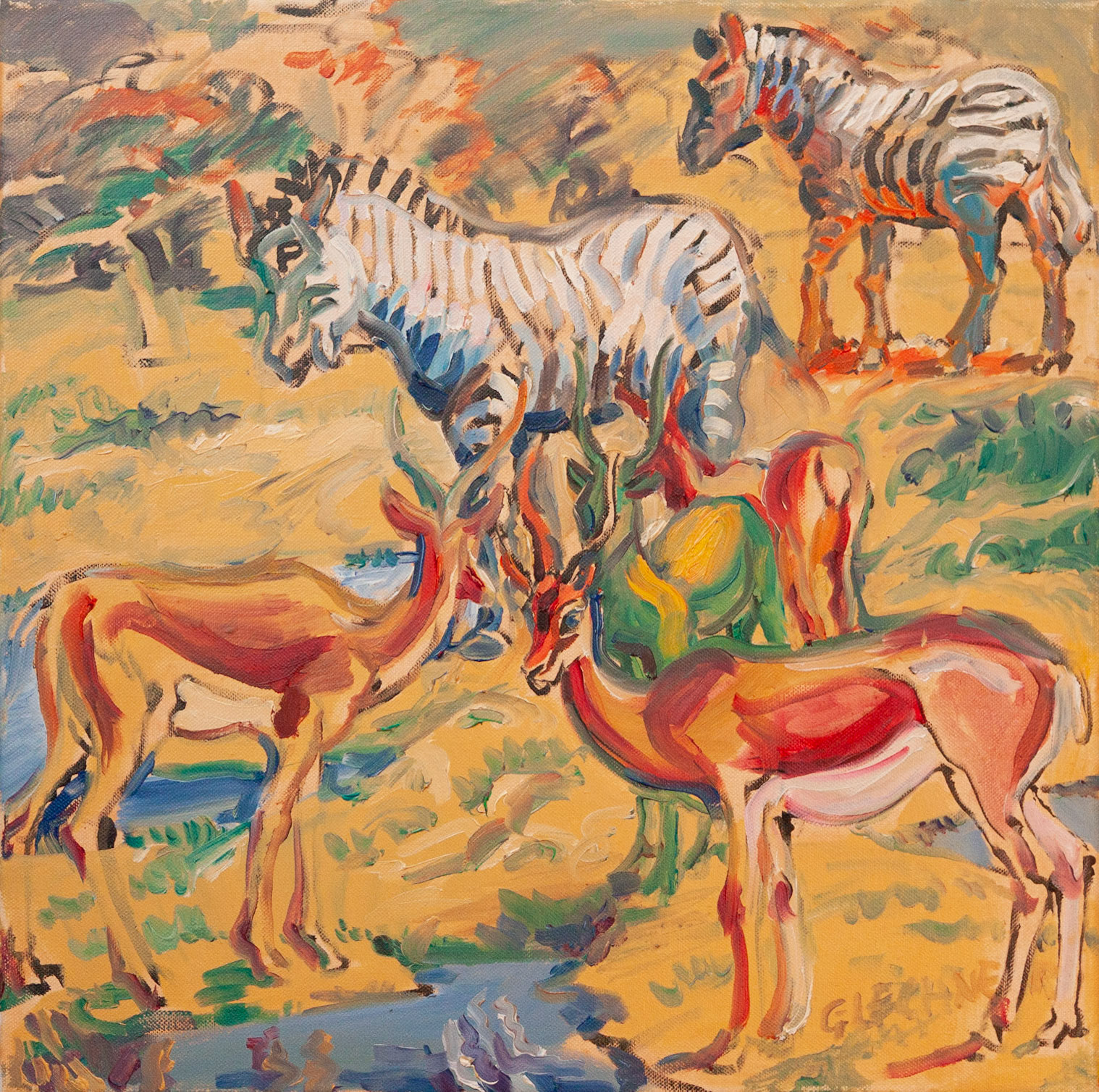 Am Wasserloch, 50 x 50 cm, Öl auf Leinwand