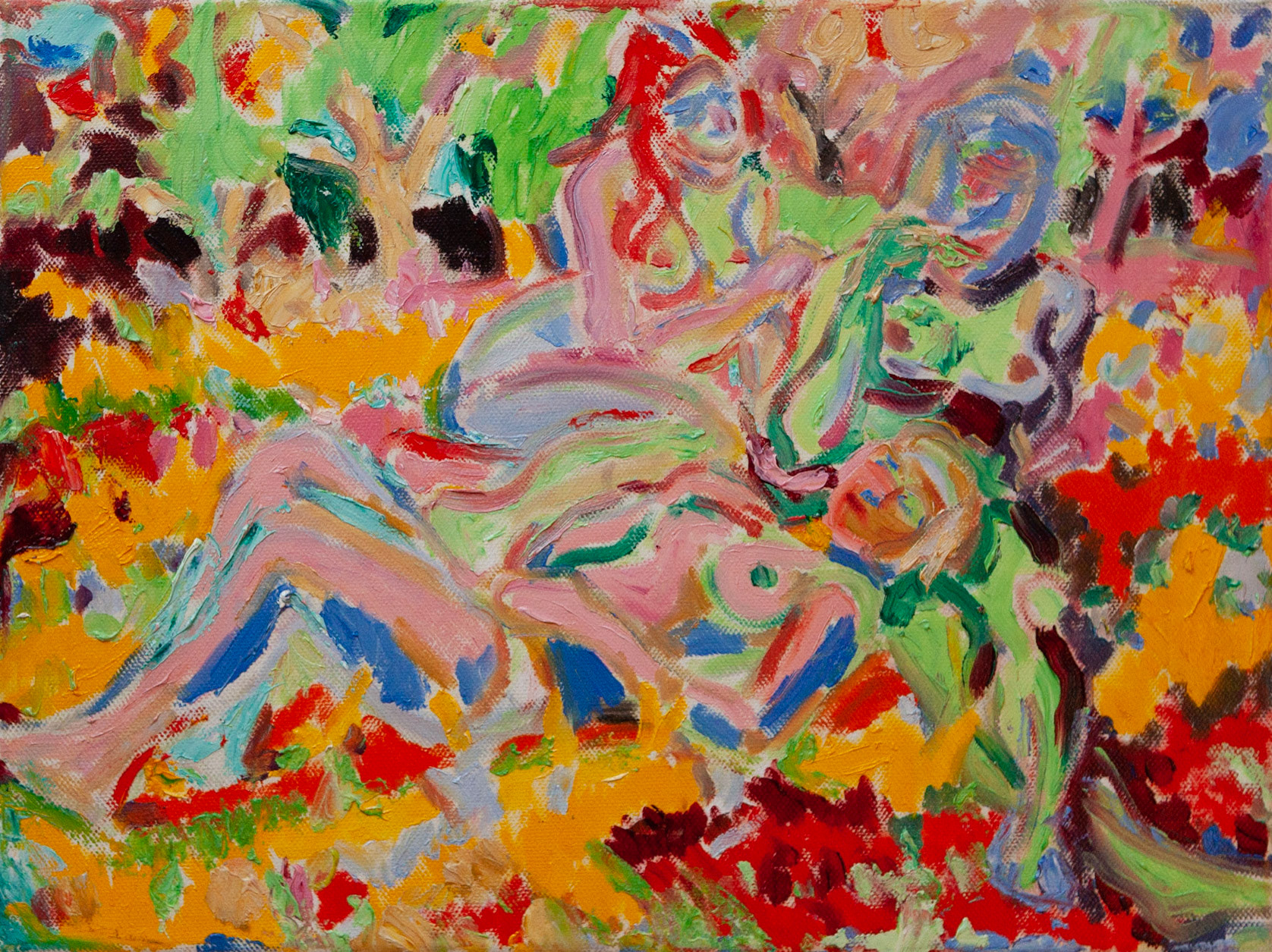 Drei Mädchen am Waldrand, 30 x 40 cm, 2016, Öl auf Leinwand