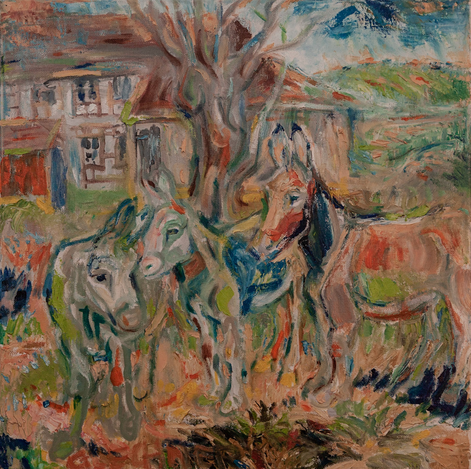 Eselweide / donkeys on a pasture, 50 x 50 cm, Öl auf Leinwand