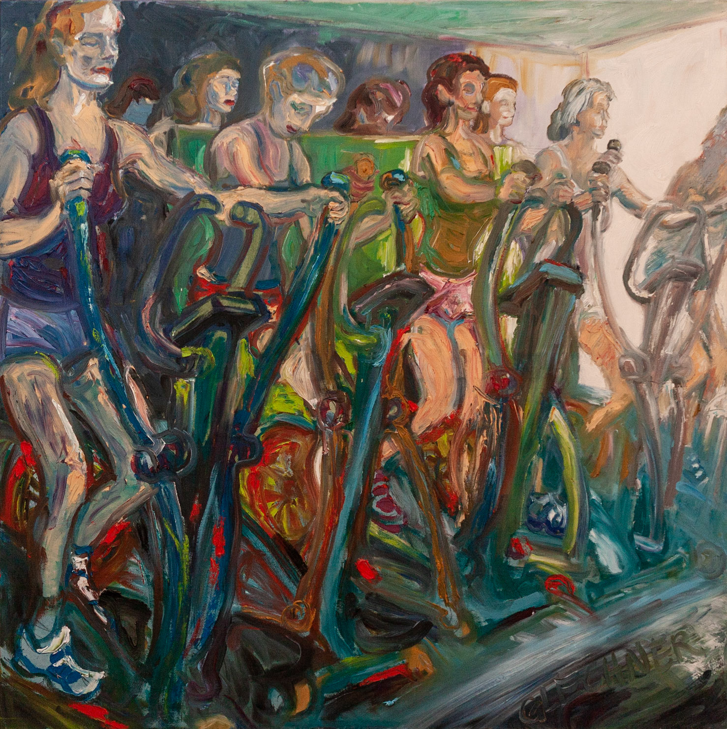 Fitnessstudio, 100 x 100 cm, Öl auf Leinwand