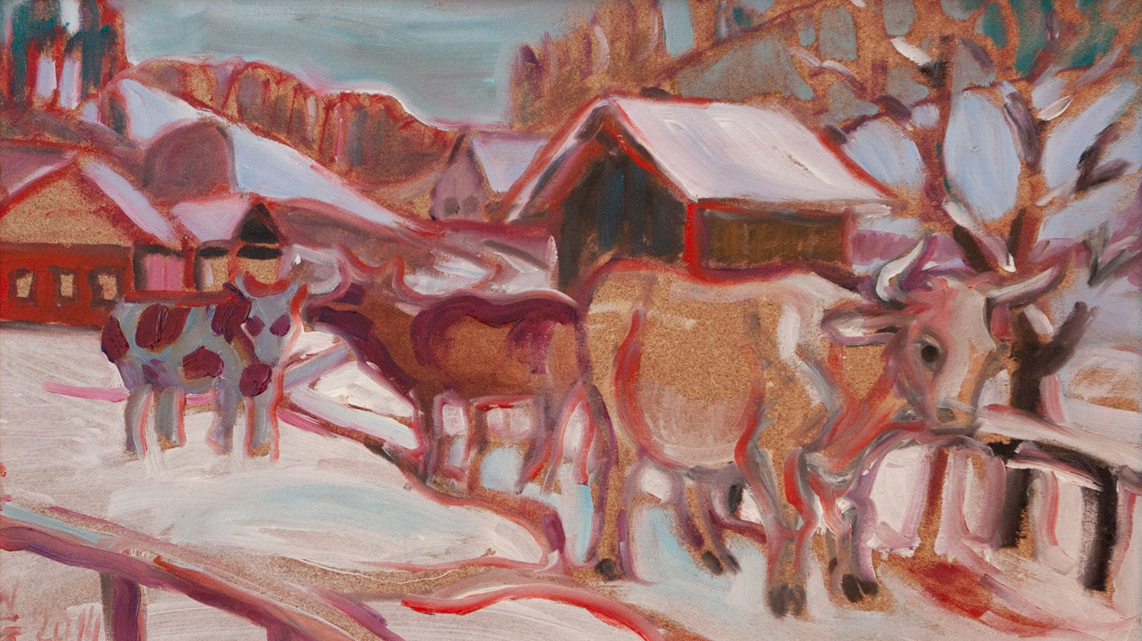 Kühe beim Wintersport,  Öl auf Faserplatte 30 x 52 cm, fix gerahmt mit hellem Holzrahmen