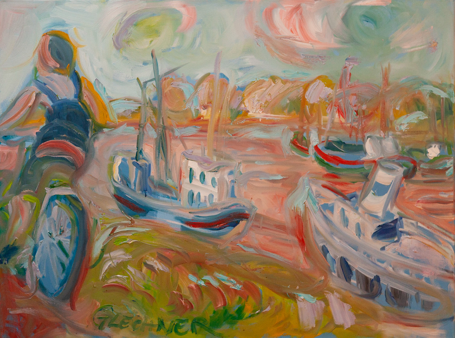 Am Flussufer ( auch "Weserschiffchen" ) , 60 x 80 cm, Öl auf Leinwand