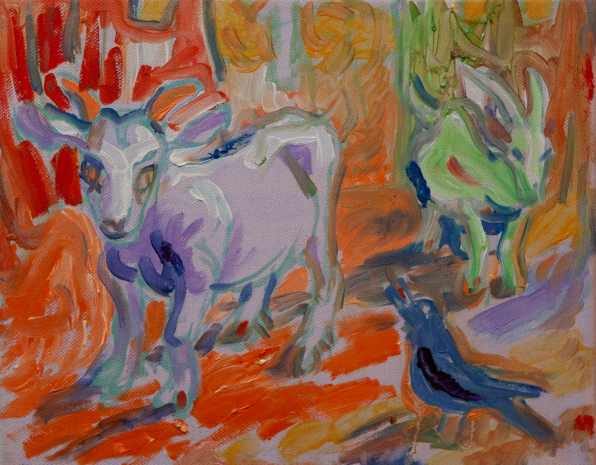 Zwergziegen und Krähe, 24 x 30 cm, Öl auf Leinwand