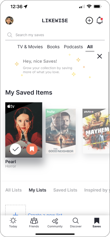 Mobile App: Saves Tab