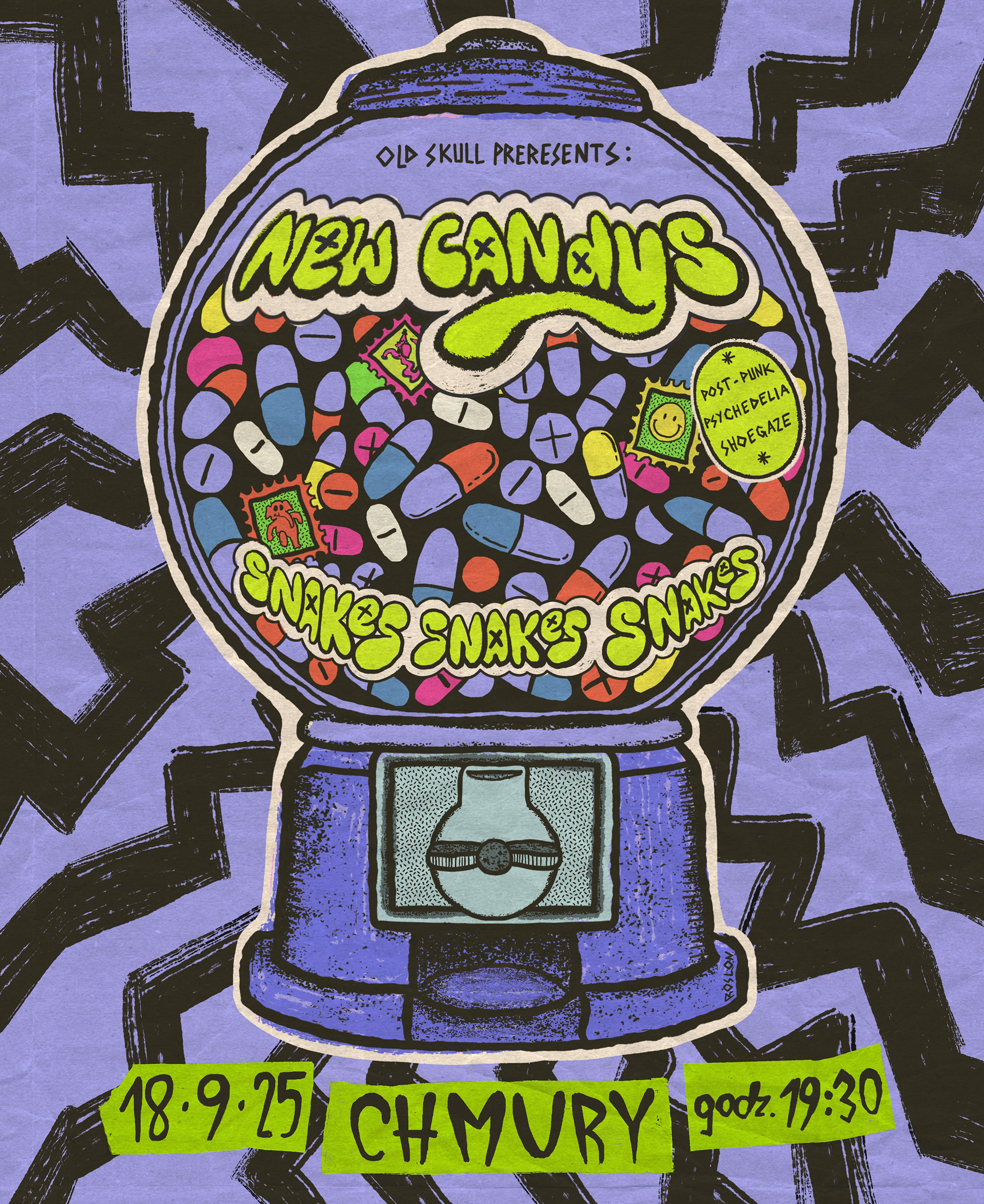 New Candys and Snakes Snakes Snakes poster plakat for Old Skull at Chmury, Candy machine, gumball machine