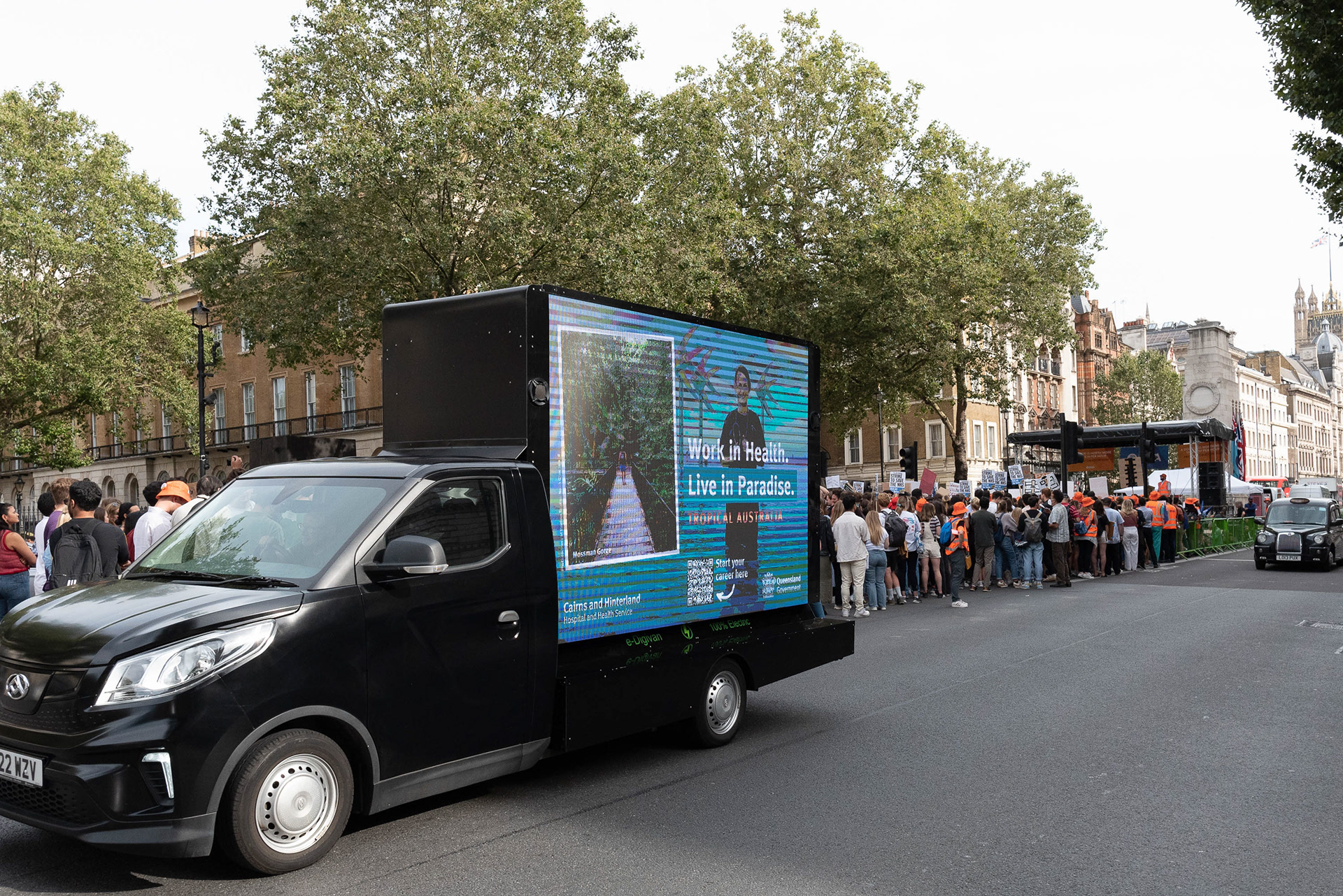 A van advertising health jobs in Australia tries to poach striking NHS junior doctors. © Ron Fassbender 