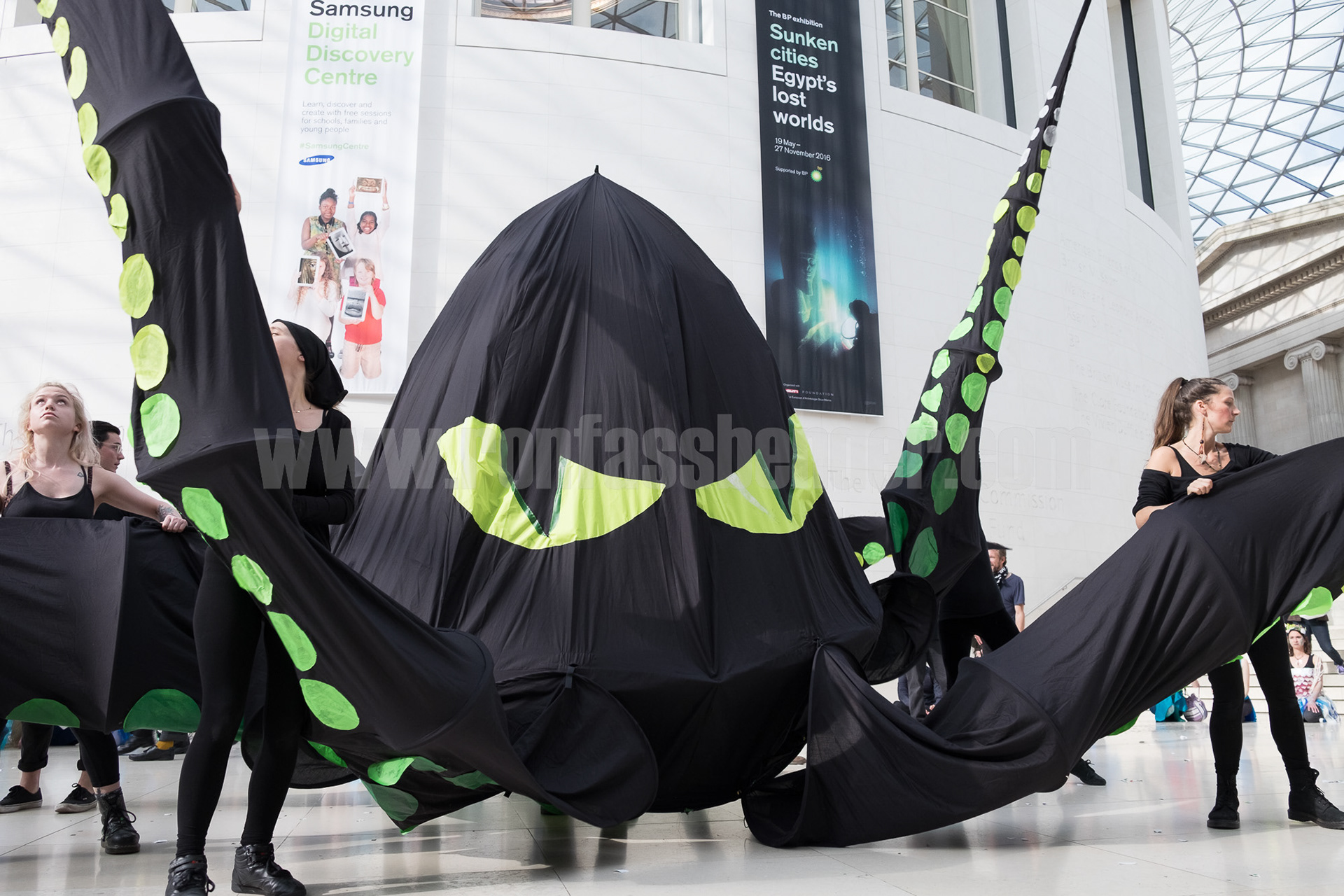 The BP Kraken in the British Museum's Great Court during a protest against sponsorship by the oil company. © Ron Fassbender