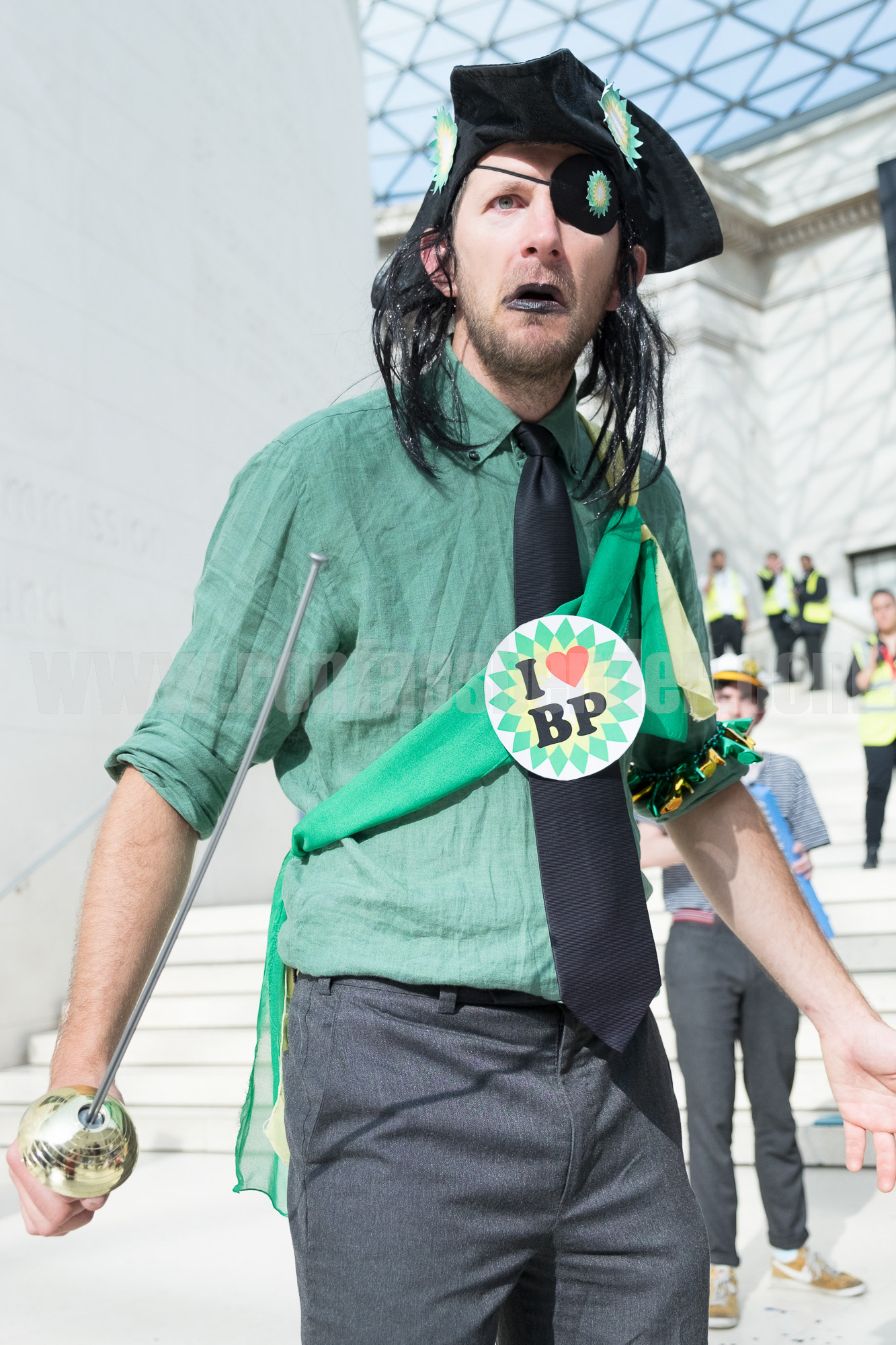 An activist dressed as BP pirate during a performance protest against sponsorship of the British Museum's 'Sunken Cities' exhibition by the oil company. © Ron Fassbender
