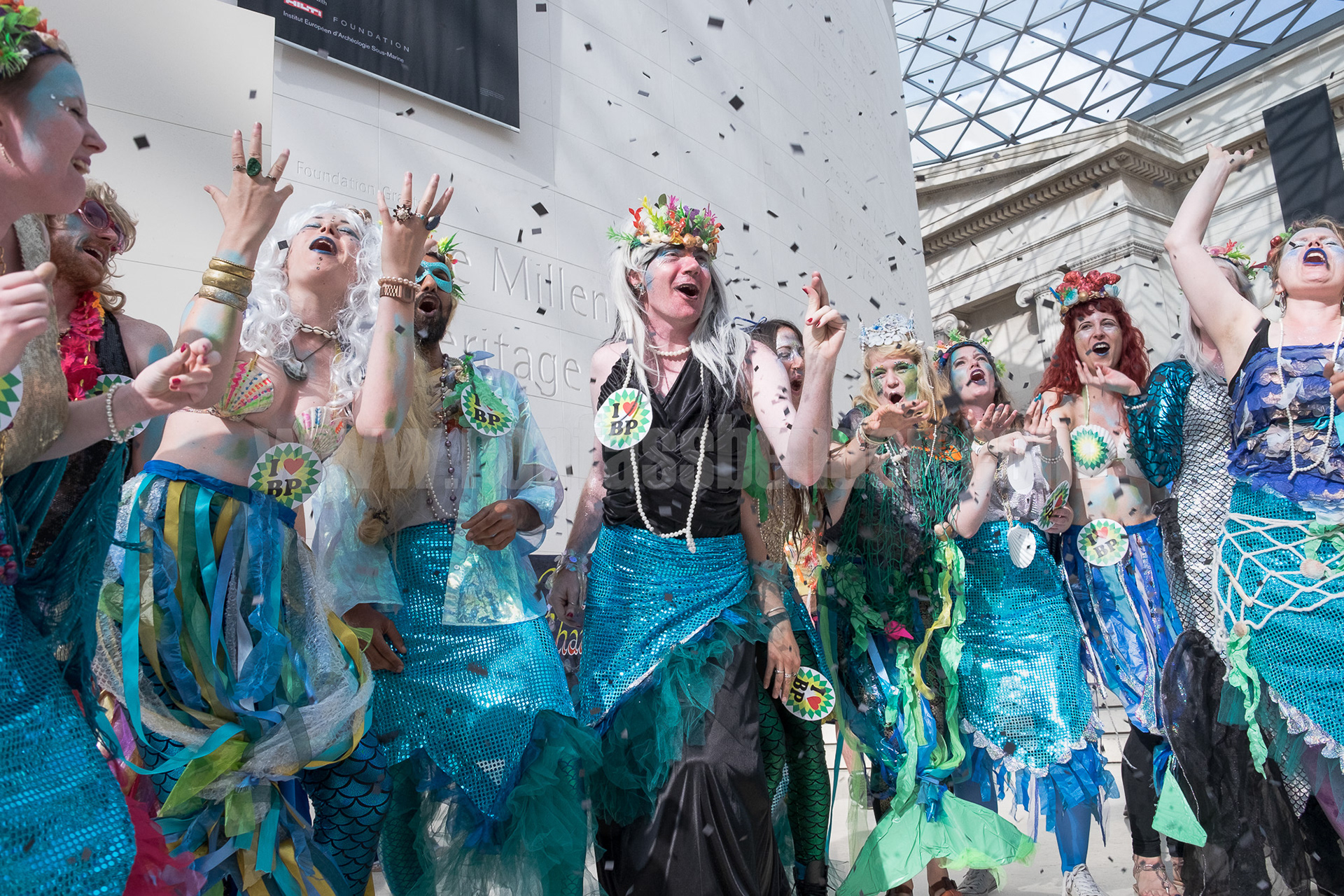Activists dressed as mermaids protest BP sponsorship of the British Museum. © Ron Fassbender