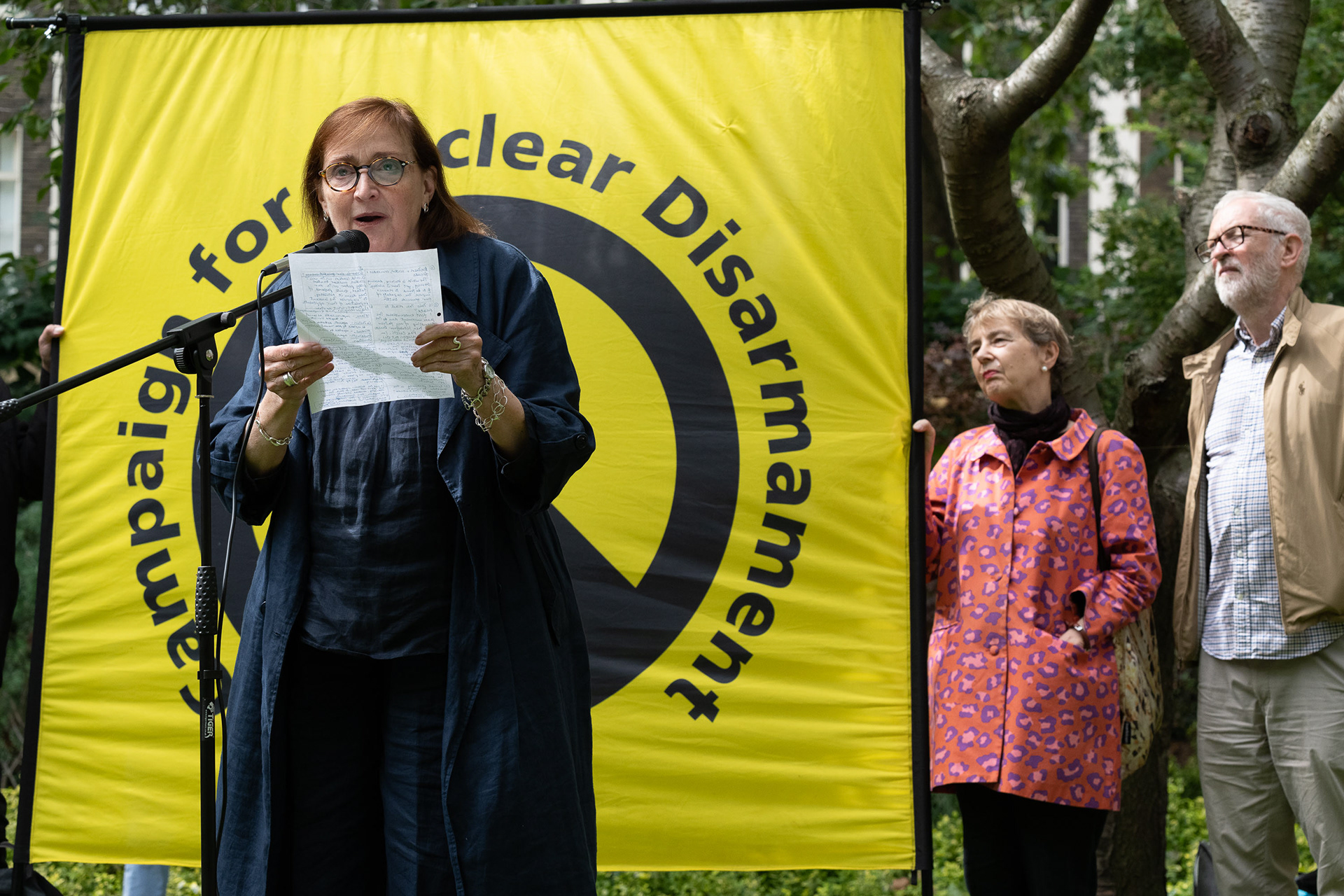 Councillor Emma Dent Coad addresses the Hiroshima Day gathering to commemorate victims, mostly civilian, of the dropping of nuclear bombs on Japan by the United States during World War Two. © Ron Fassbender