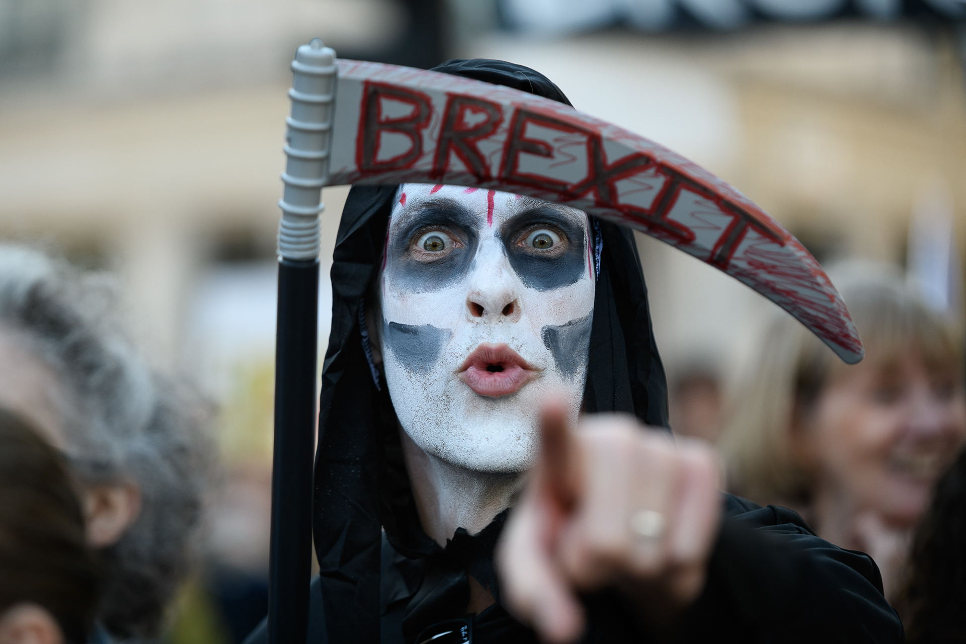 Brexit Reaper - a protester dressed as the grim reaper at a huge rally calling for a "people's vote" on the terms of the UK's exit from the European Union.  © Ron Fassbender
