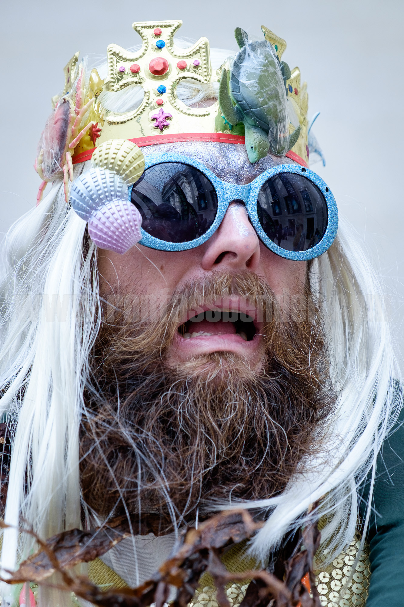 An activist dressed as Neptune, god of the sea, during a performance protest against sponsorship of the British Museum's 'Sunken Cities' exhibition by oil company BP. © Ron Fassbender