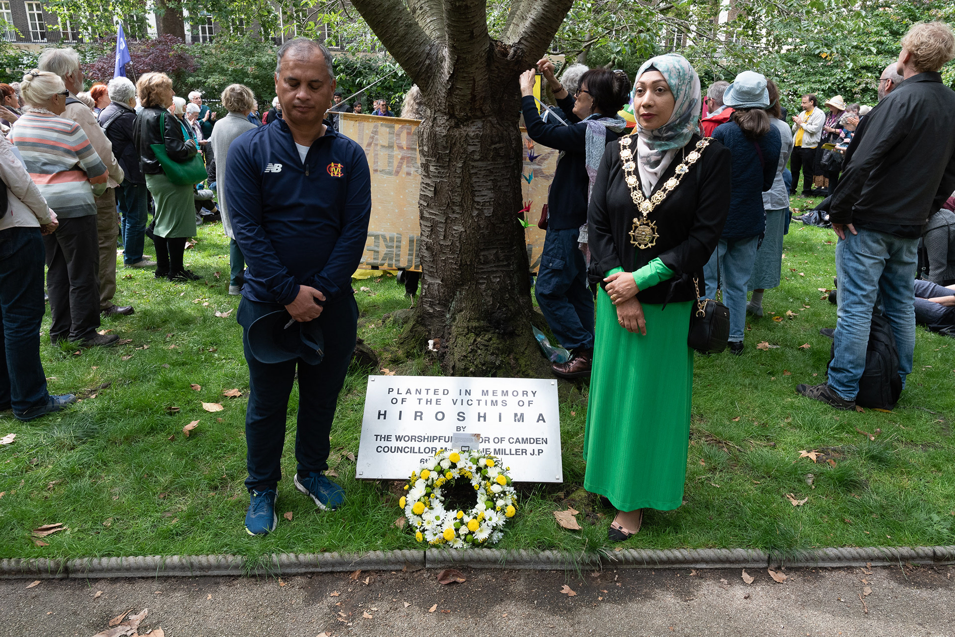Councillor Nazma Rahman (R), who is also Mayor of Camden, joins the Hiroshima Day gathering © Ron Fassbender