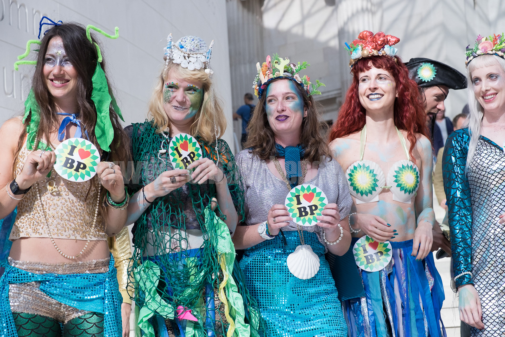 Climate activists stage a performance protest against BP sponsorship of the British Museum. © Ron Fassbender