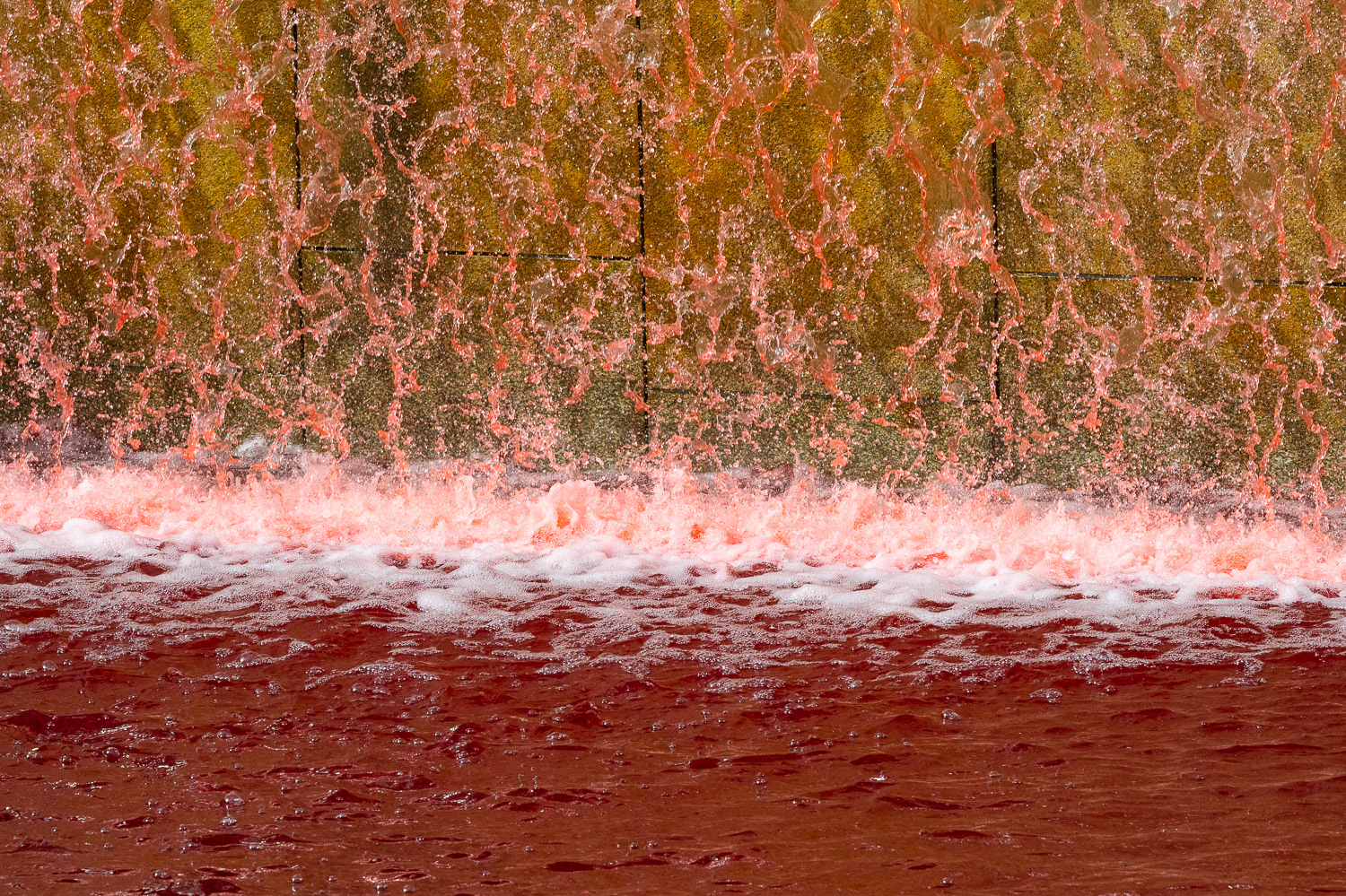 Close up of the US Embassy pond and waterfall filled with red dye in protest at arms sales to Israel. © Ron Fassbender