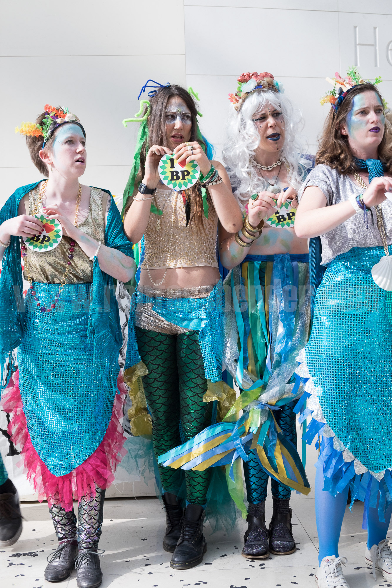 Activists dressed as mermaids protest BP sponsorship of the British Museum. © Ron Fassbender