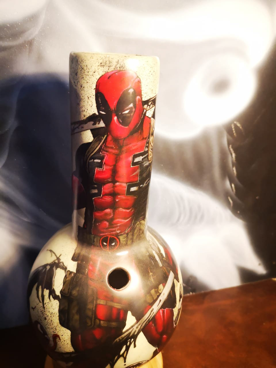 glow in the dark text custom deadpool theme detail airbrushed bong from bongalong front view
