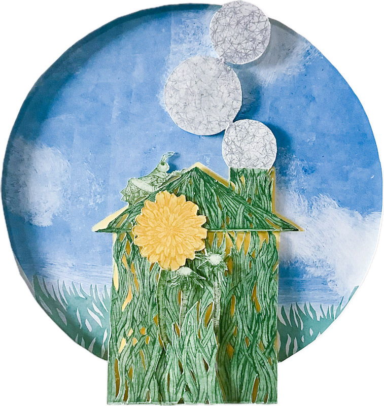 “Grass House” / 2025 / hand-cut intaglio print layered over monotype
