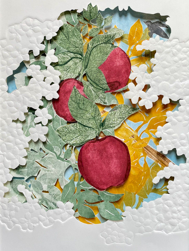 “Gala Seasons” / 2025 / hand-cut embossment, hand-cut drypoimt w/ monotype, monotype