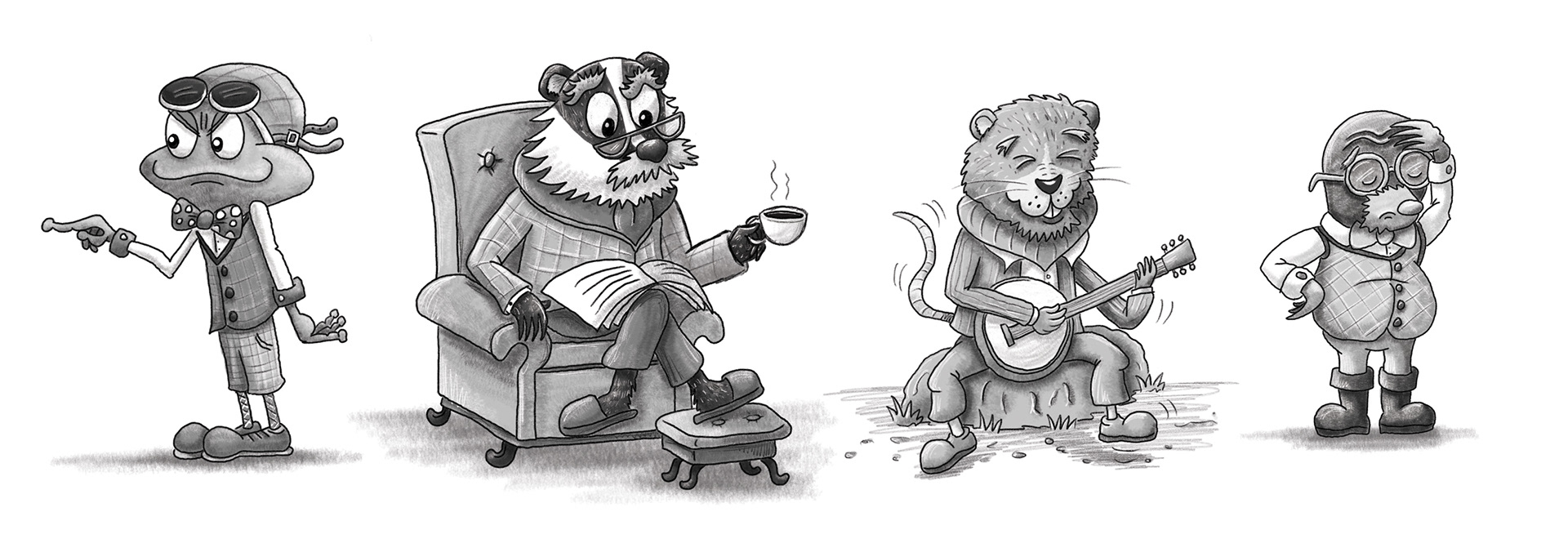 Wind in the Willows black and white character studies