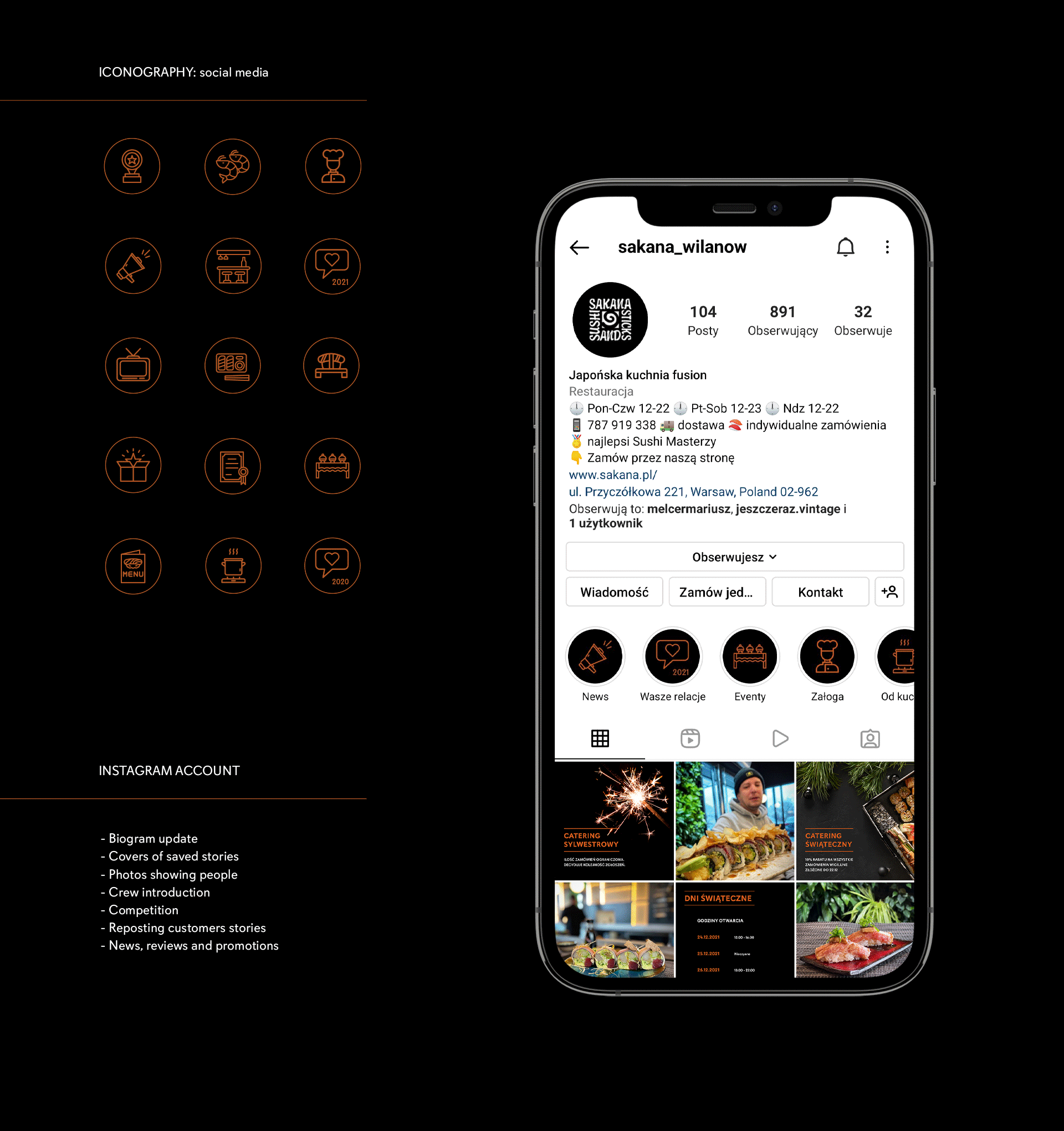Ujednolicenie i optymalizacja wizerunku profilu Sakana Wilanów na Instagramie.