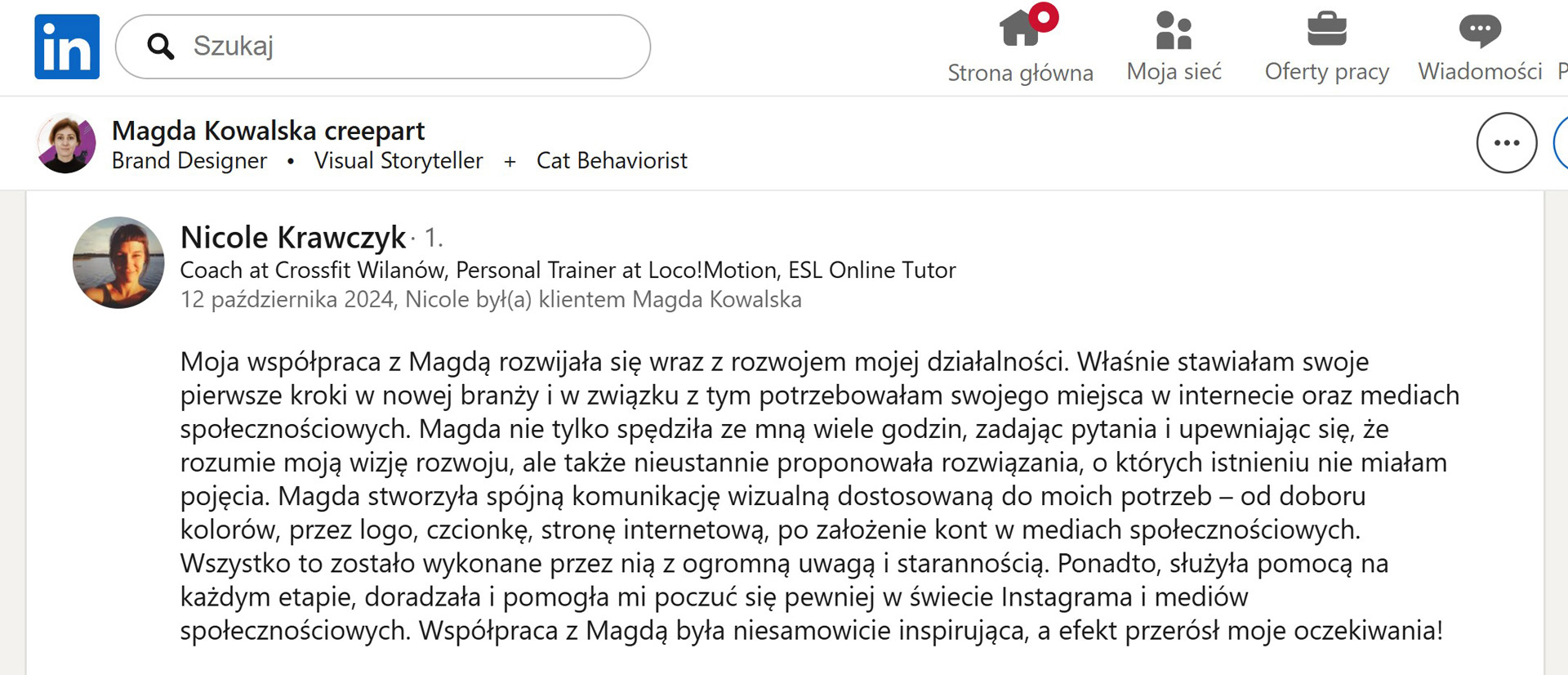 Opinia Nicole Krawczyk o współpracy z Magdą Kowalską przy brandingu Loco Motion – rekomendacja dotycząca strategicznego podejścia i procesu projektowego.