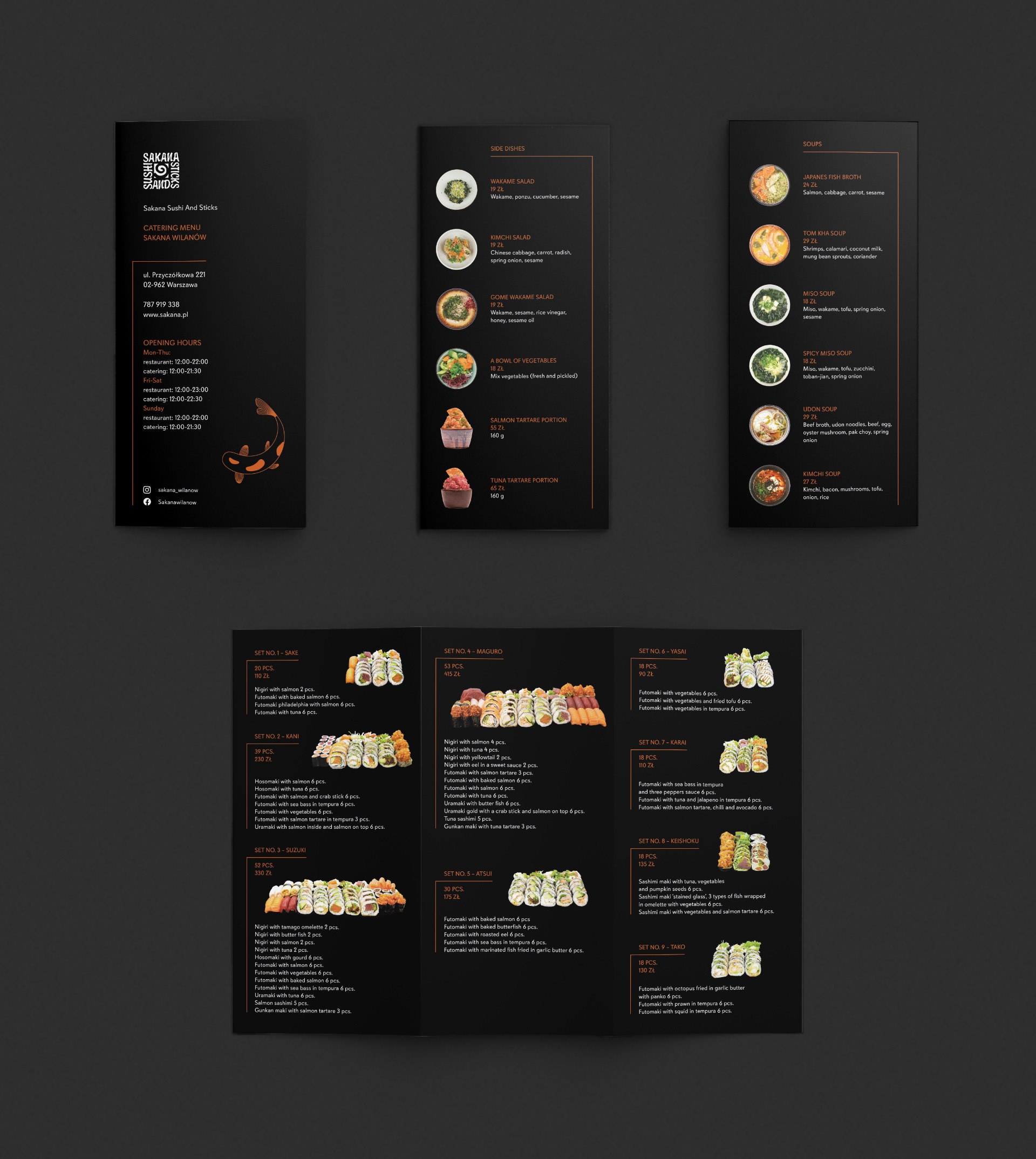 Elegancki layout menu cateringowego Sakana Sushi and Sticks. Magda Kowalska creepart
