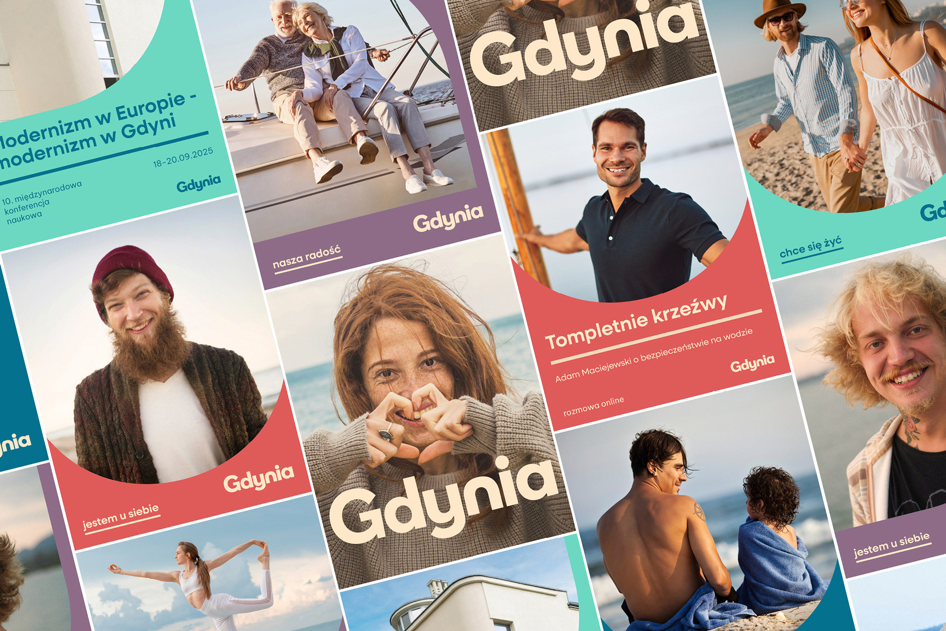 Key visual wykorzystujący łuki i półokręgi. Komunikacja wizualna dla Gdyni, zaprojektowana przez Magdę Kowalską.