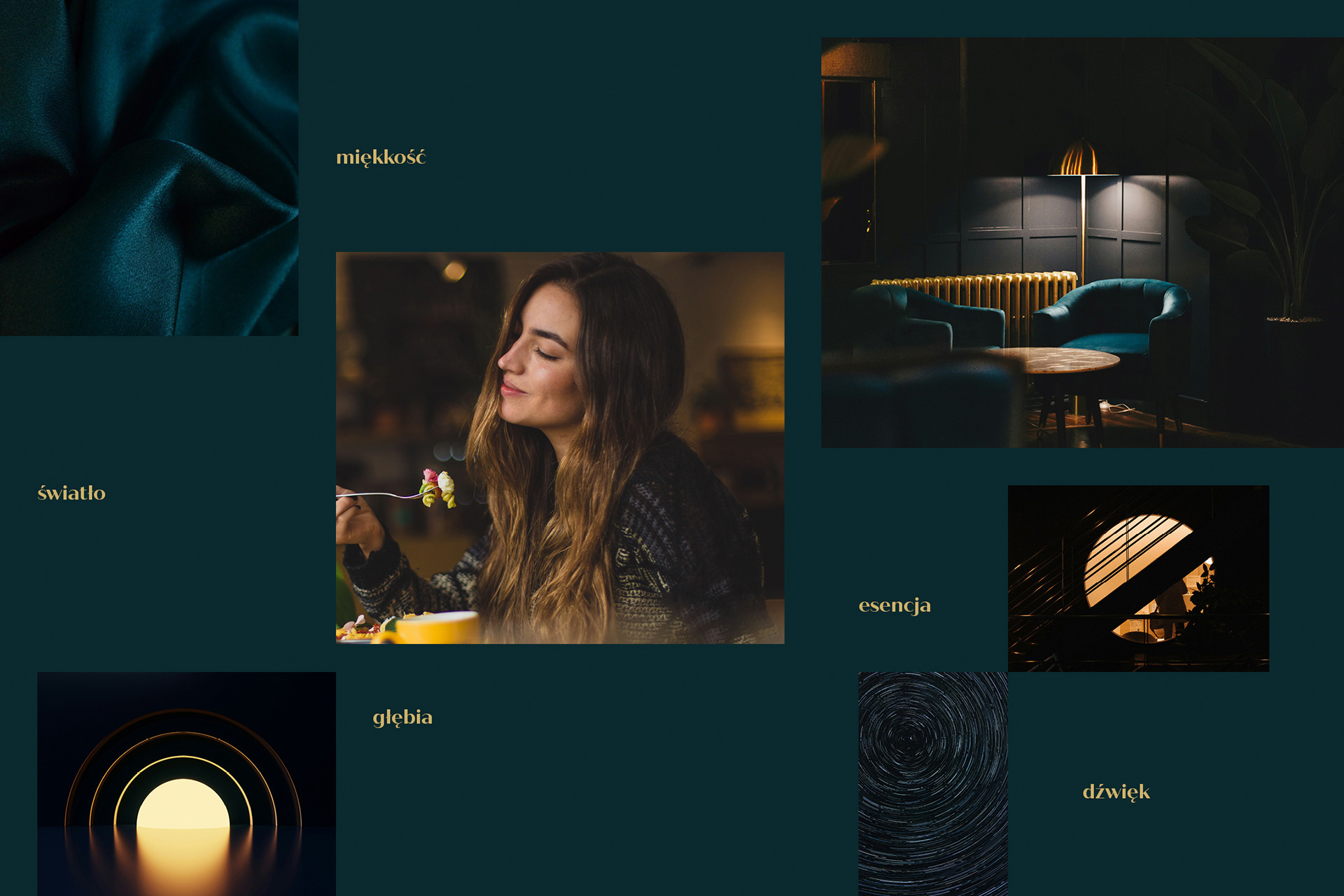 Moodboard Sushi Soul: synestezja doznań w visual storytellingu – morska zieleń, złoto i aksamitne tekstury marki premium.