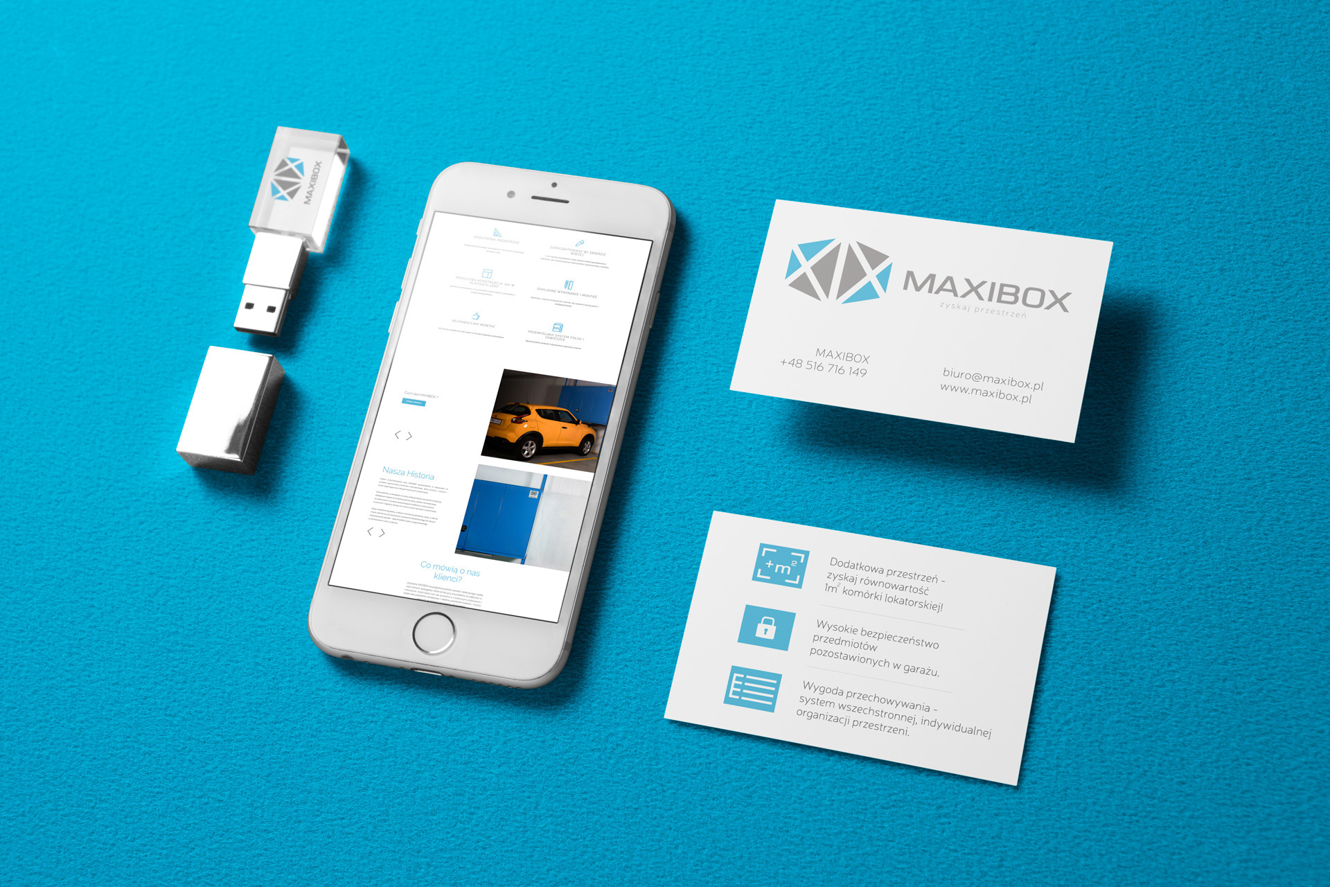 Projekt wizytówek i strony www dla Maxibox.