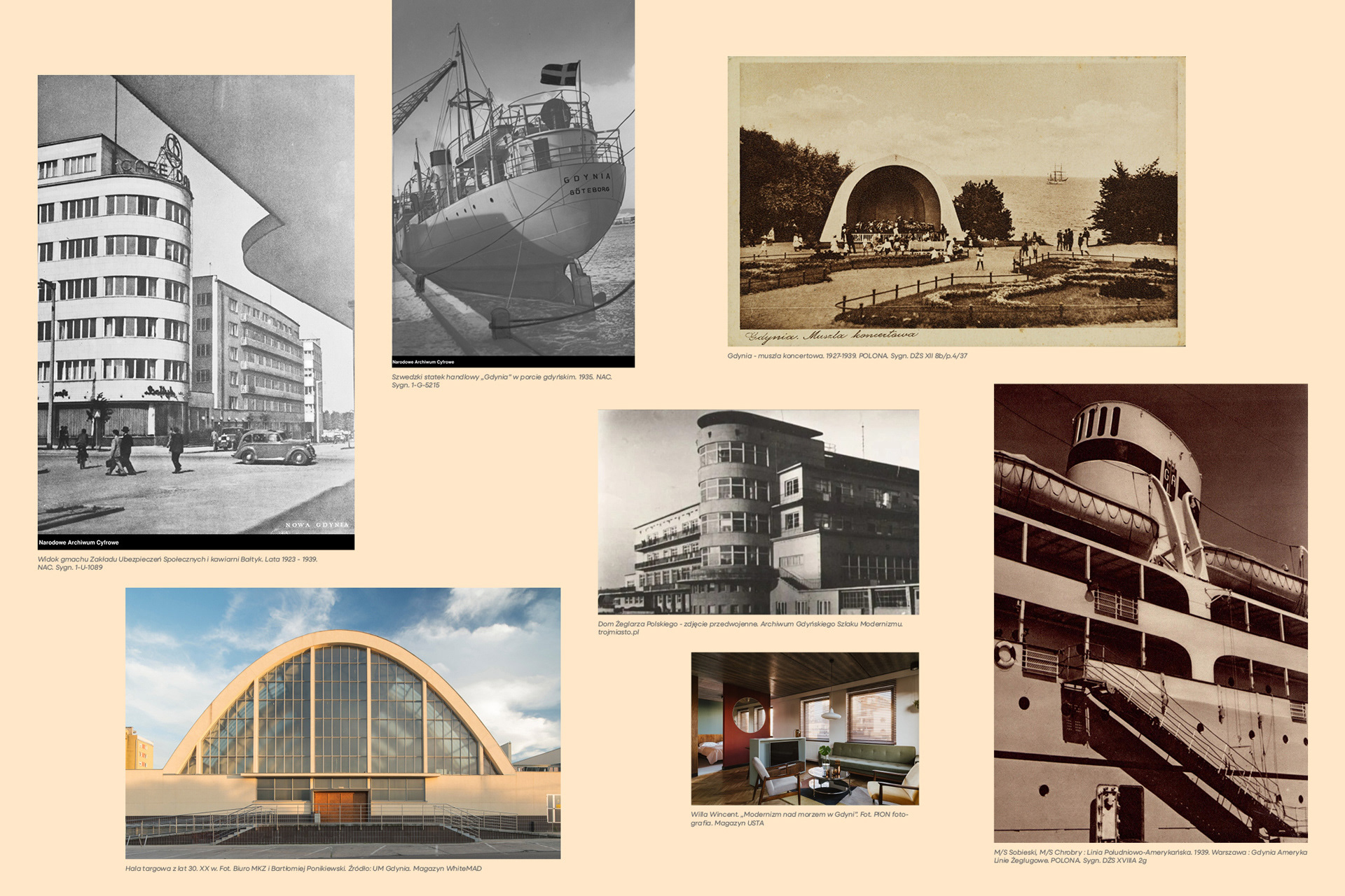Gdyńska architektura modernistyczna, nawiązująca formą do marynistycznej historii miasta. Projekt tożsamości wizualnej Gdyni, autorstwa Magdy Kowalskiej.