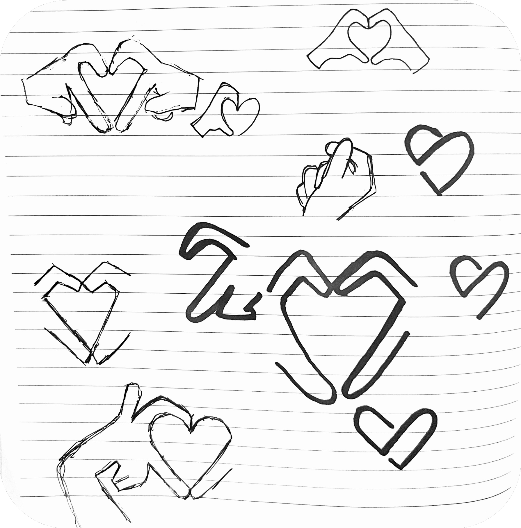 Sketches of hearts using hands.