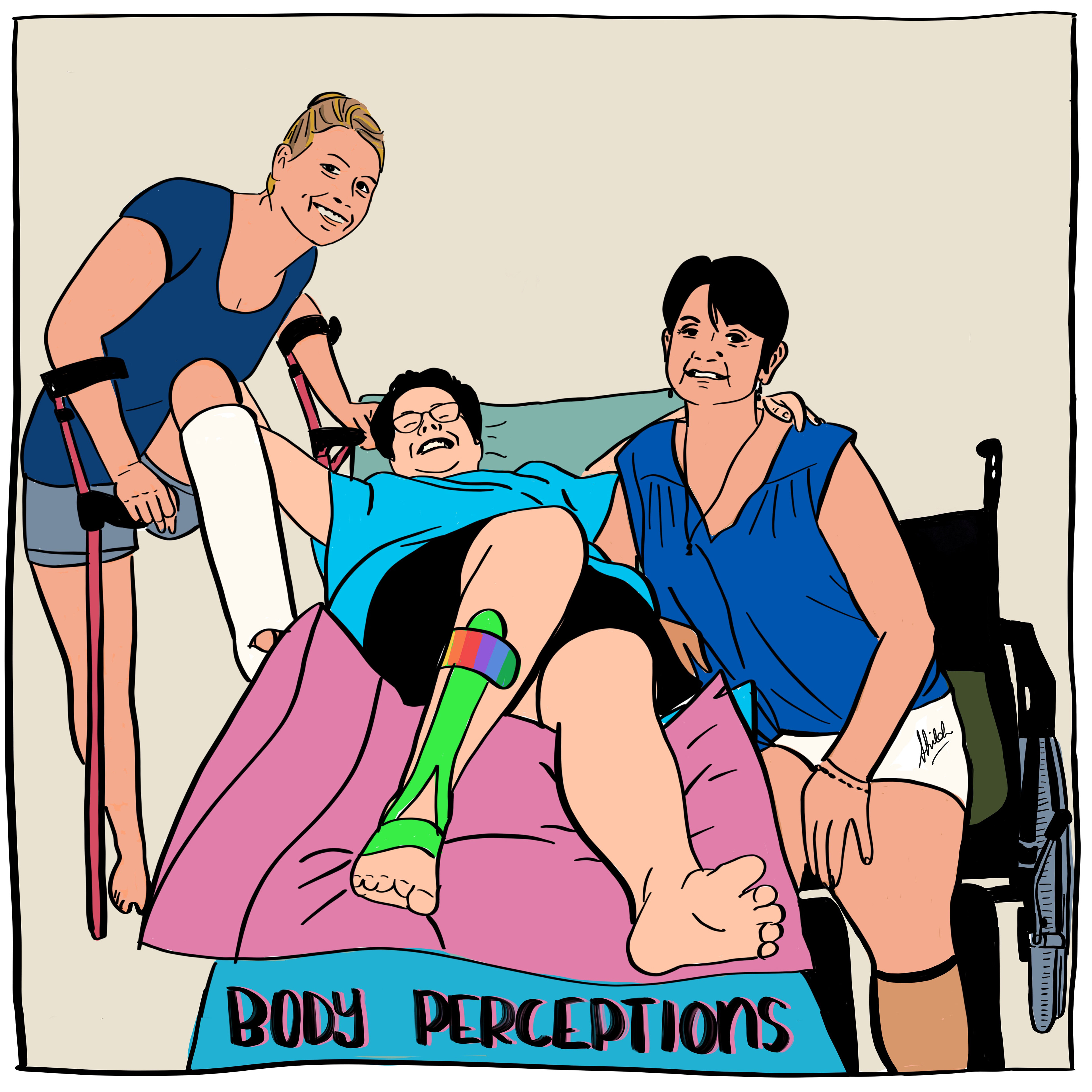 My ME/CFS Support Superstars: Yoyo, Shiloh & Linda Bennetts (Body Perceptions Physiotherapy) in 2018. Drawn 2019.