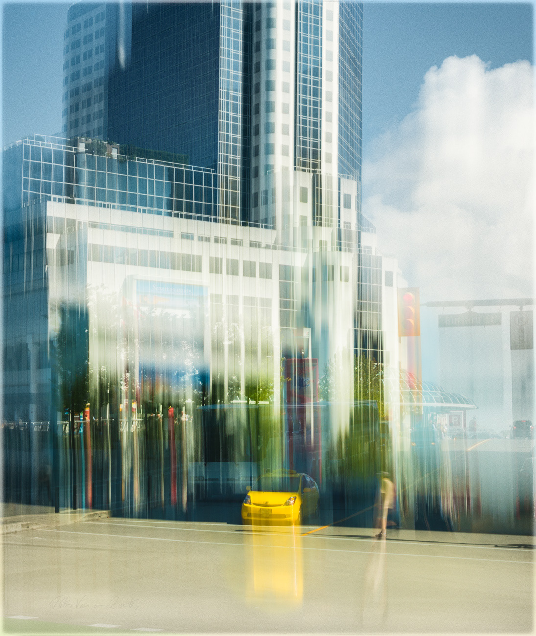 Yellow taxi and pedestrian Canada Place PH2014a Vibrant -0192