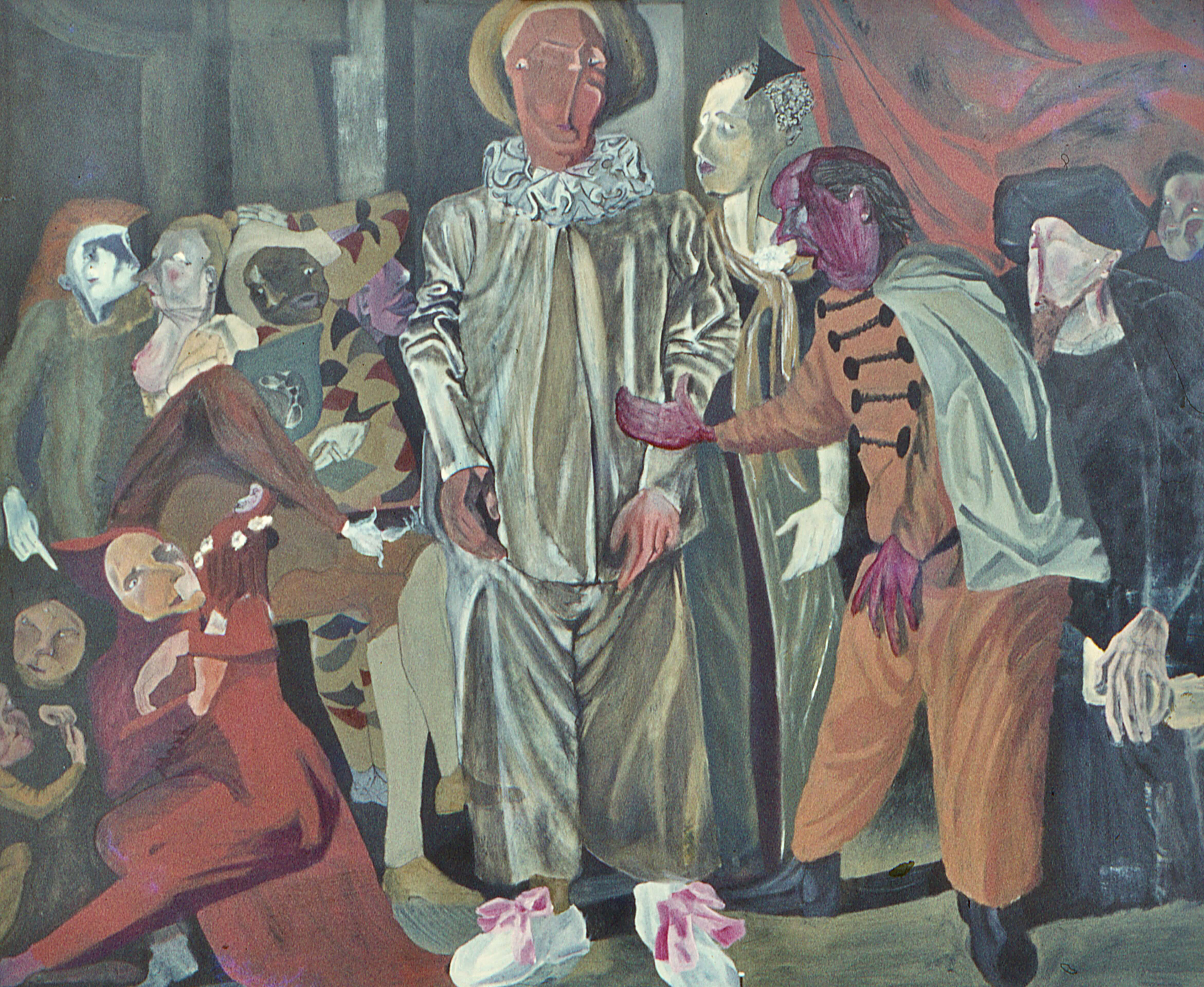 The Italian Comedians, after Watteau, oil on board
