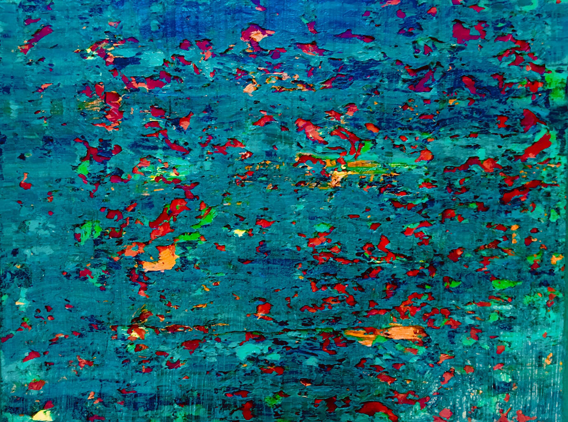 Blue, Red, Yellow, oil on card