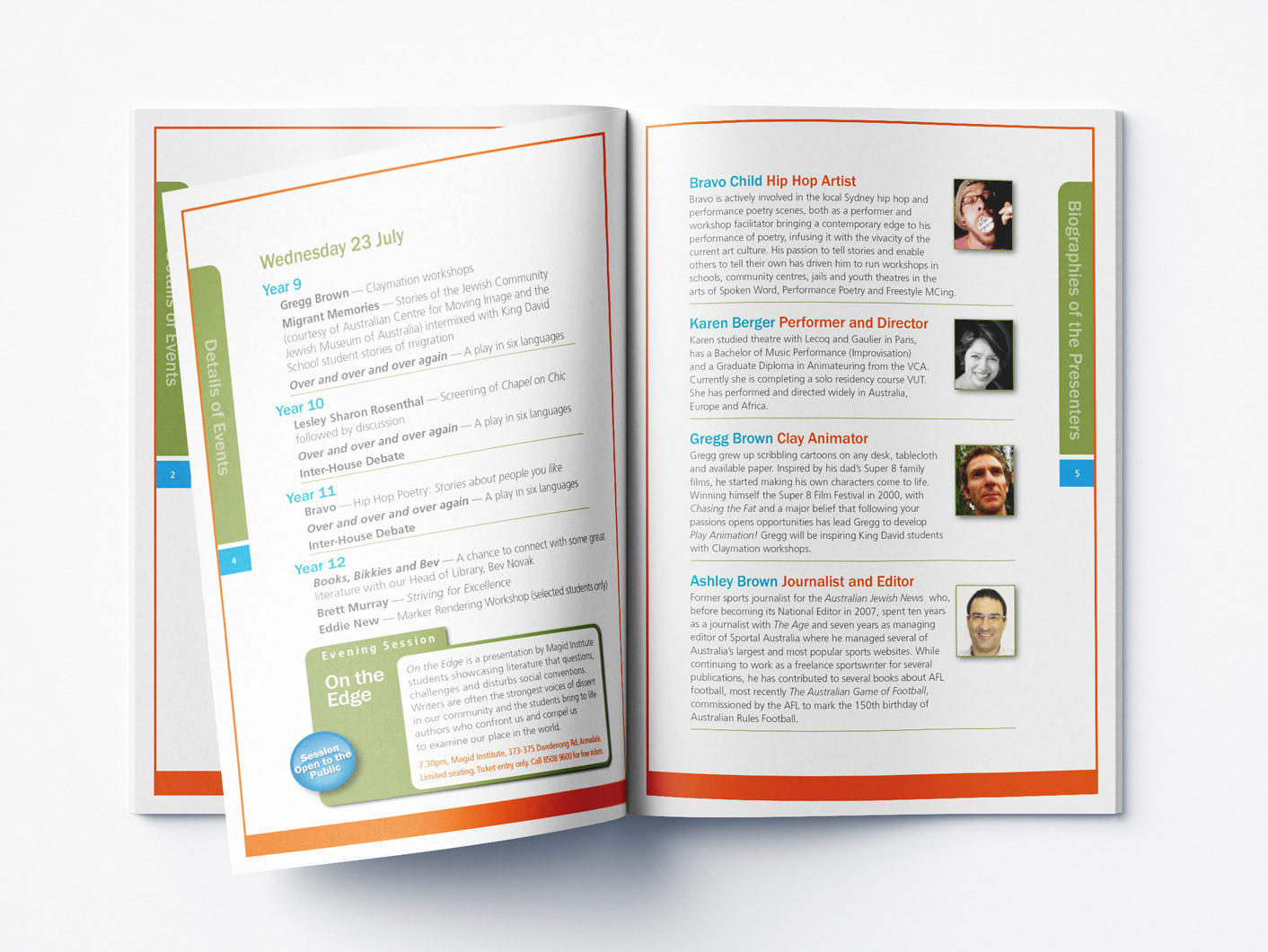 Inside spread of A5 12 page program booklet