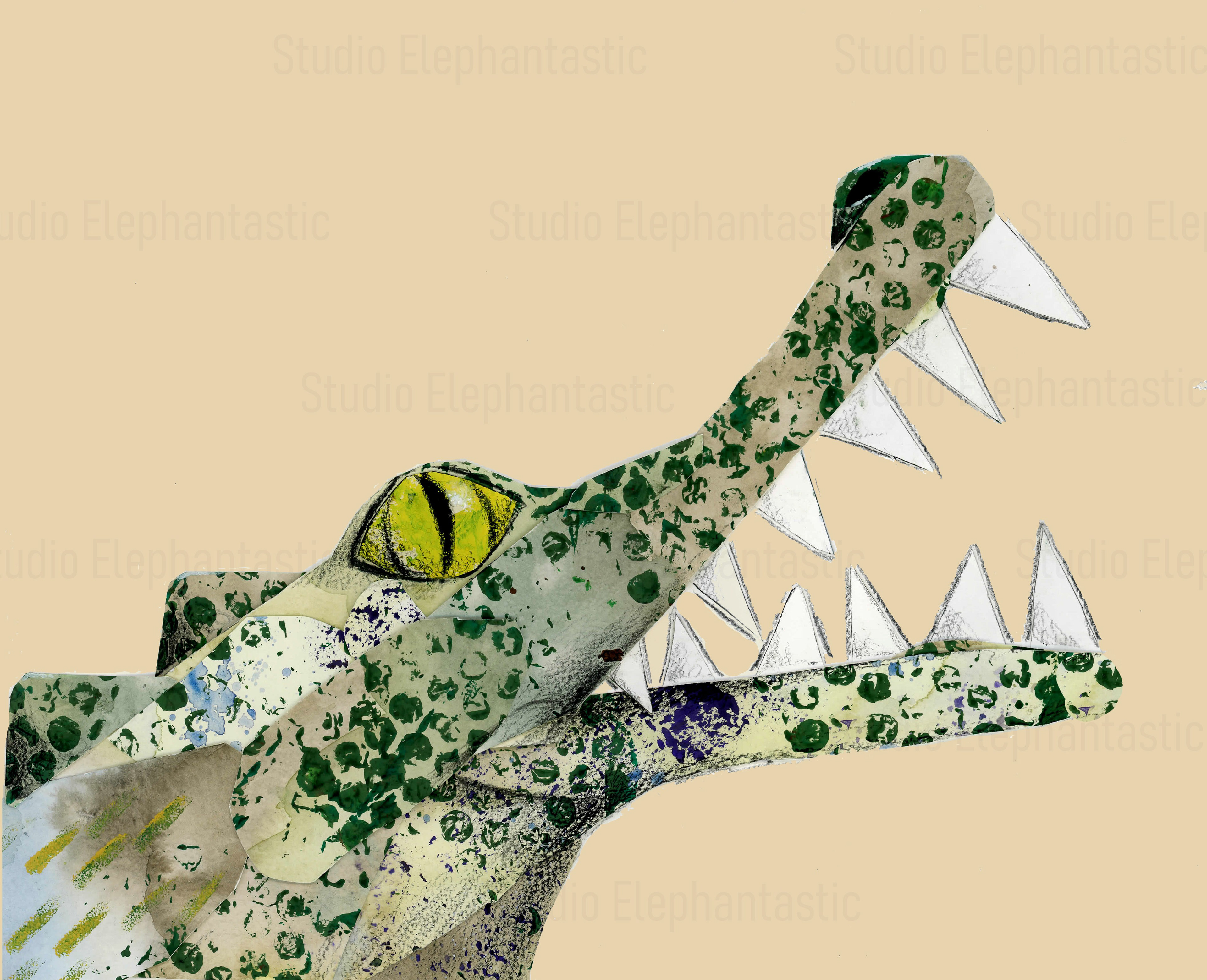 Krokodil mixed media collage illustratie