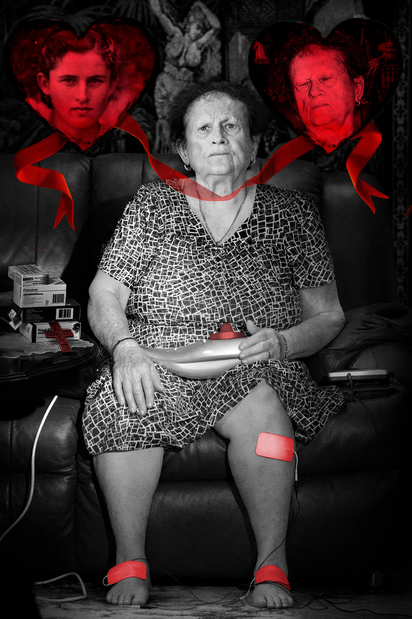 This is a portrait of my mother’s pain: chronic and all consuming. She relies on her pain killers, anti-depressants. tens machine, massager, shiatsu pillow and prayer. Her pain makes her grumpy and difficult to be around. She never imagined that getting old would be about pain and loneliness.