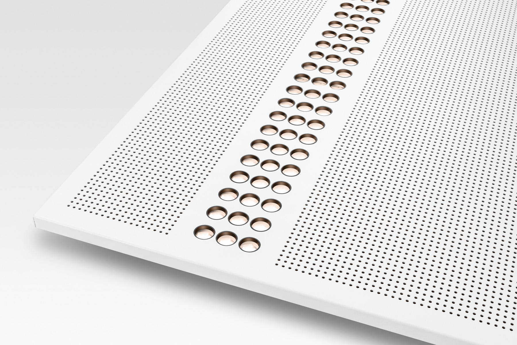 Ecke einer weißen Deckenlampe auf weißem Hintergrund schwebend mit leuchtenden Lichtern