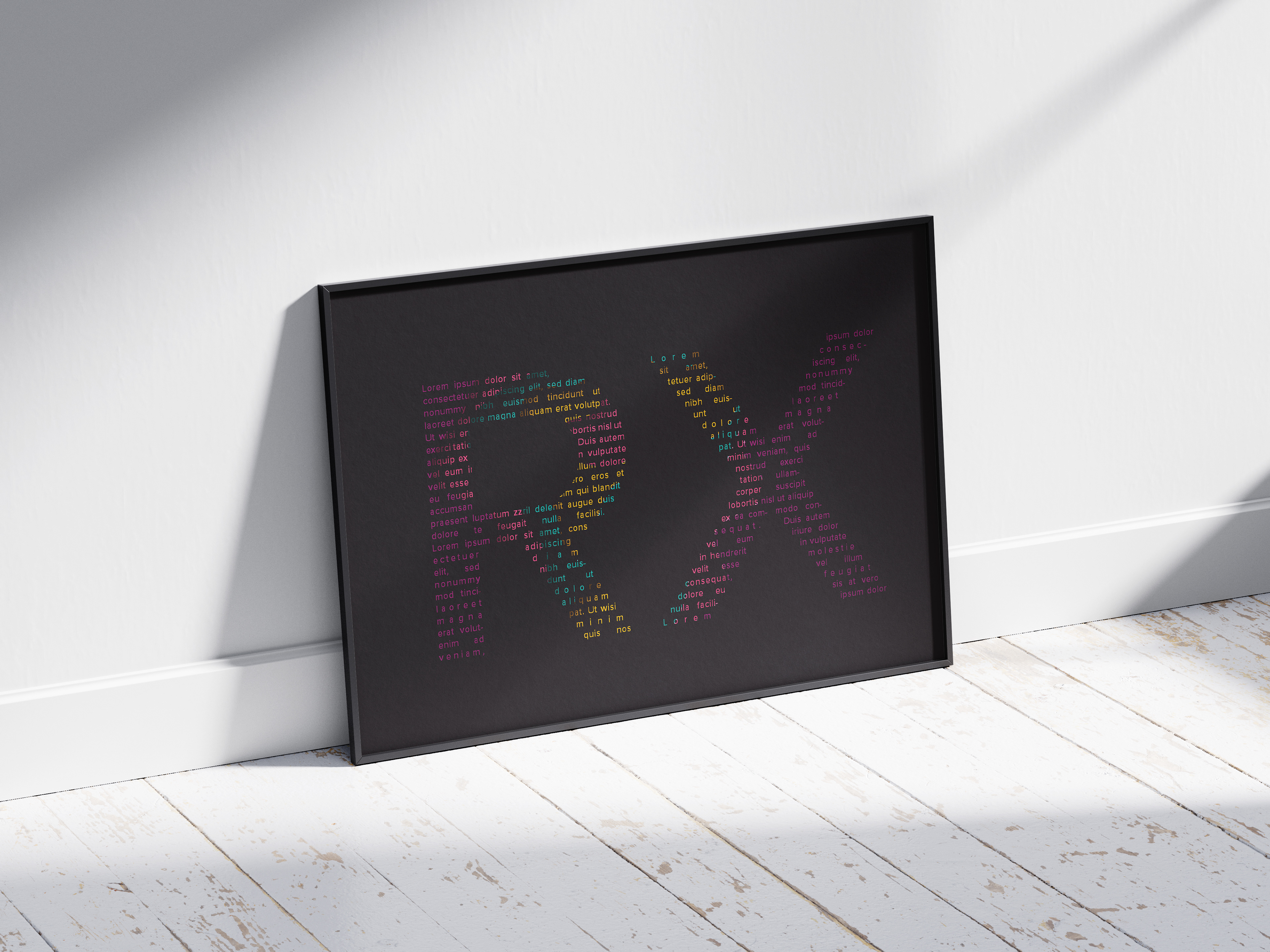 Framed typographic poster with Lorem Ipsum text forming bold RX letters in multicolored gradient on dark background with minimalist black frame.