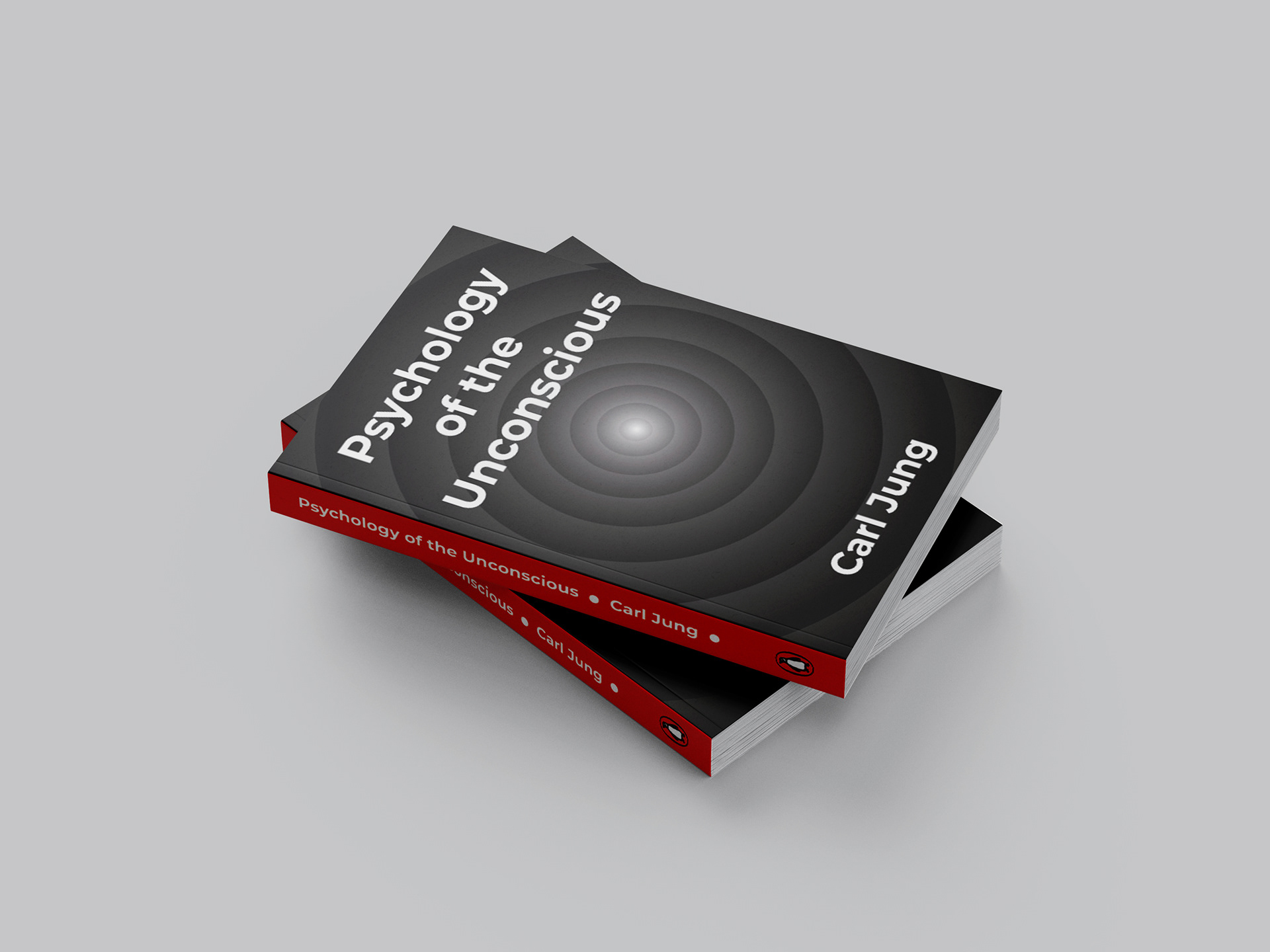 Modern book cover design for Carl Jung’s Psychology of the Unconscious with grayscale concentric circles, bold white typography, and red Penguin spine.