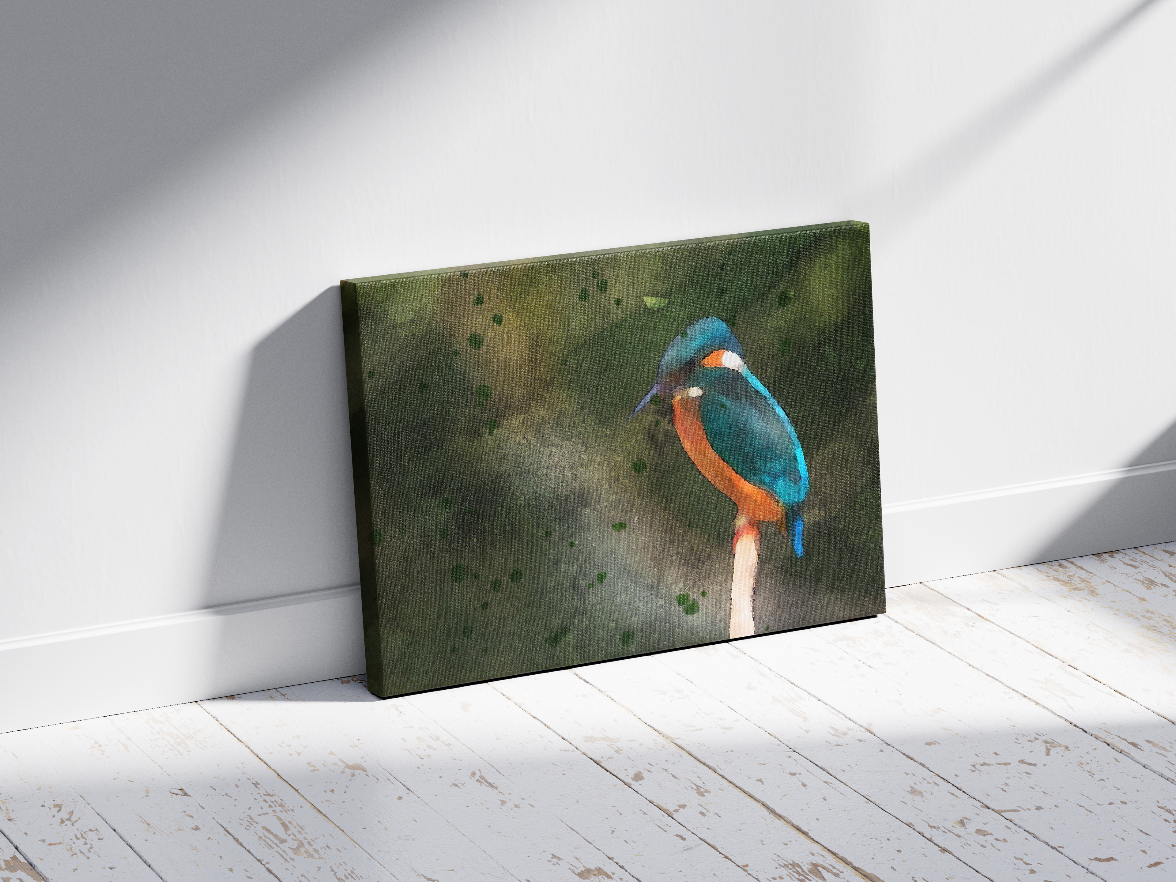 Canvas artwork of watercolor-style kingfisher perched on branch.