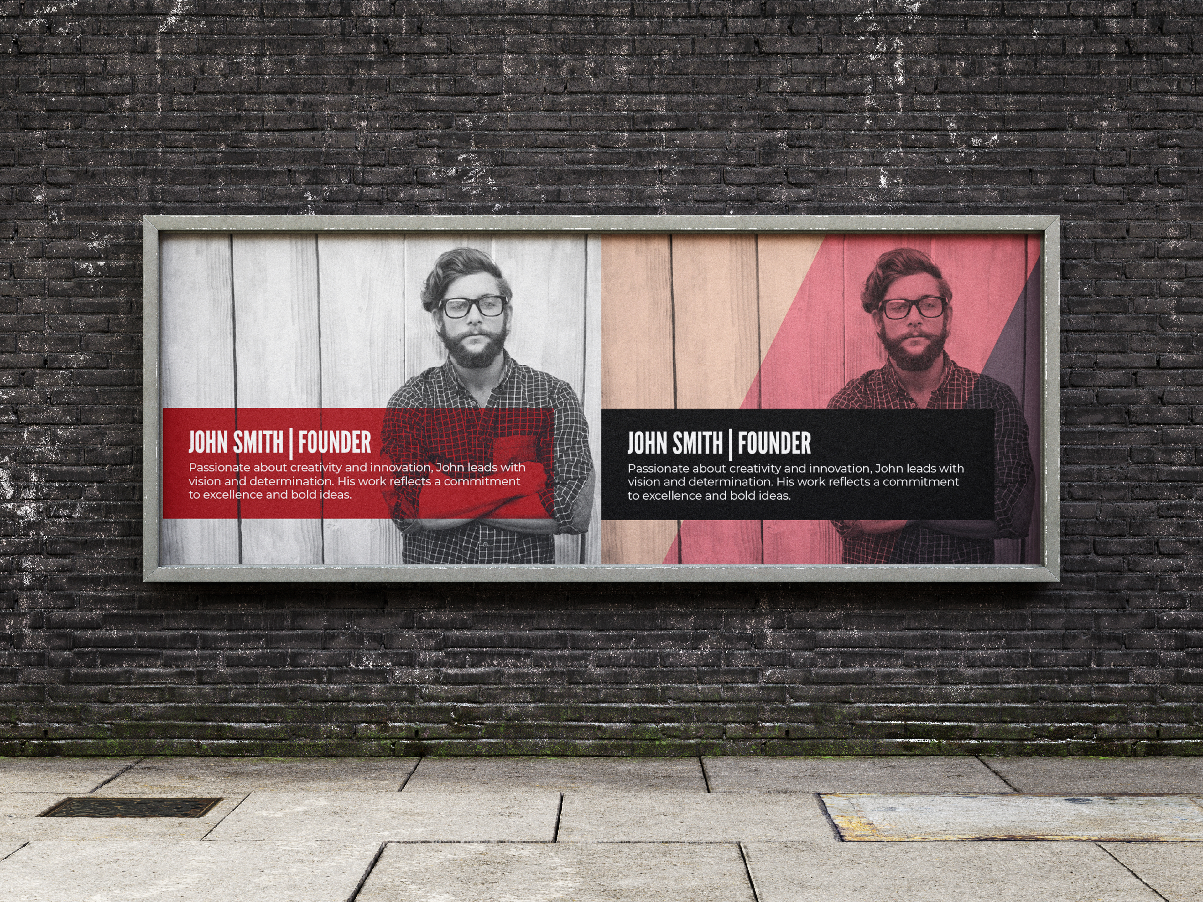 Billboard design with split-screen layout featuring John Smith founder profile, monochrome portrait, bold red and black panels, and clean typography.