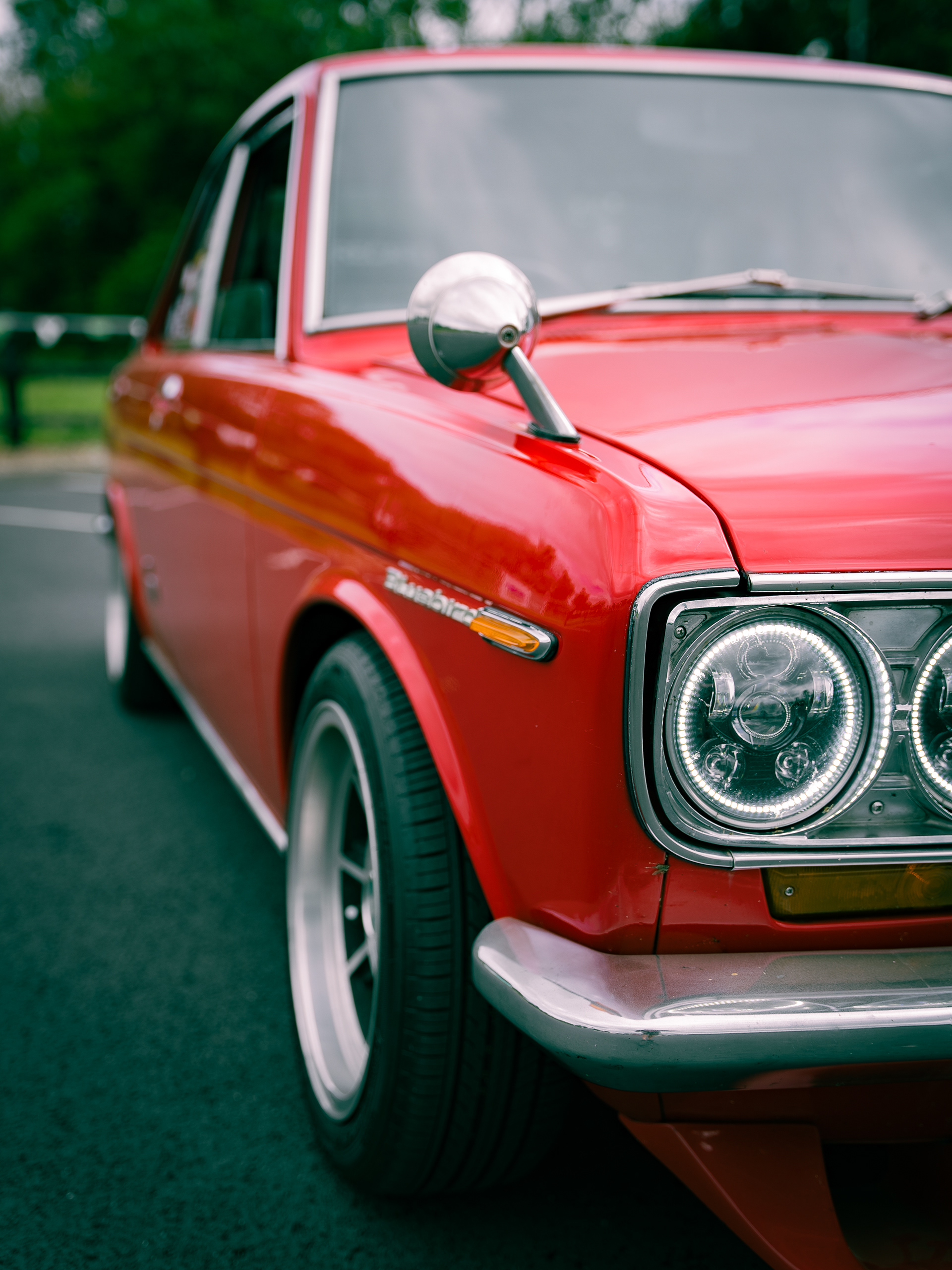 Rear view of red Nissan Bluebird car with Bluebird badge visible on trunk.