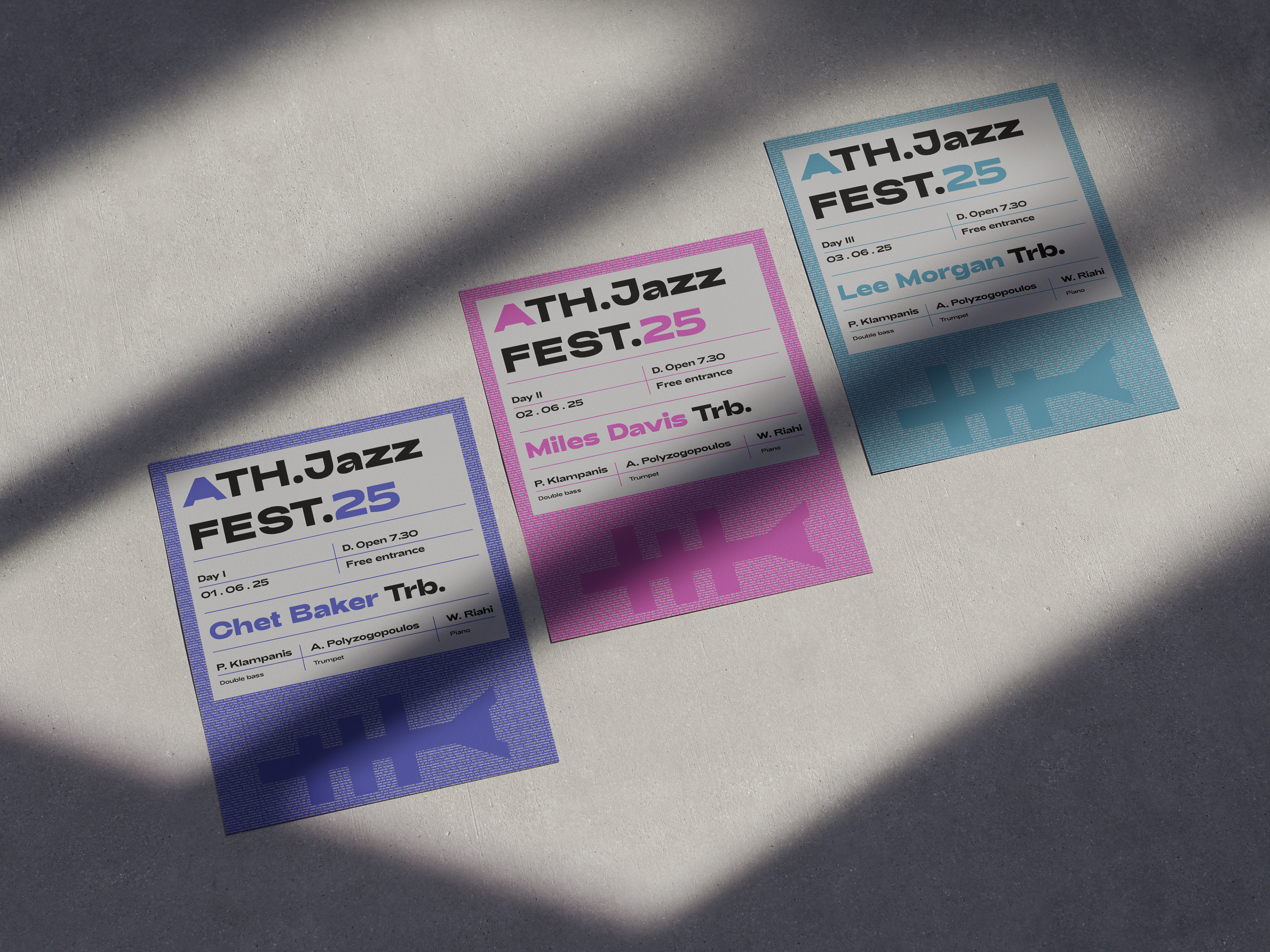 Set of three Athens Jazz Festival posters on concrete with shadows, minimalist layout, bold typography, and trumpet graphic motif.