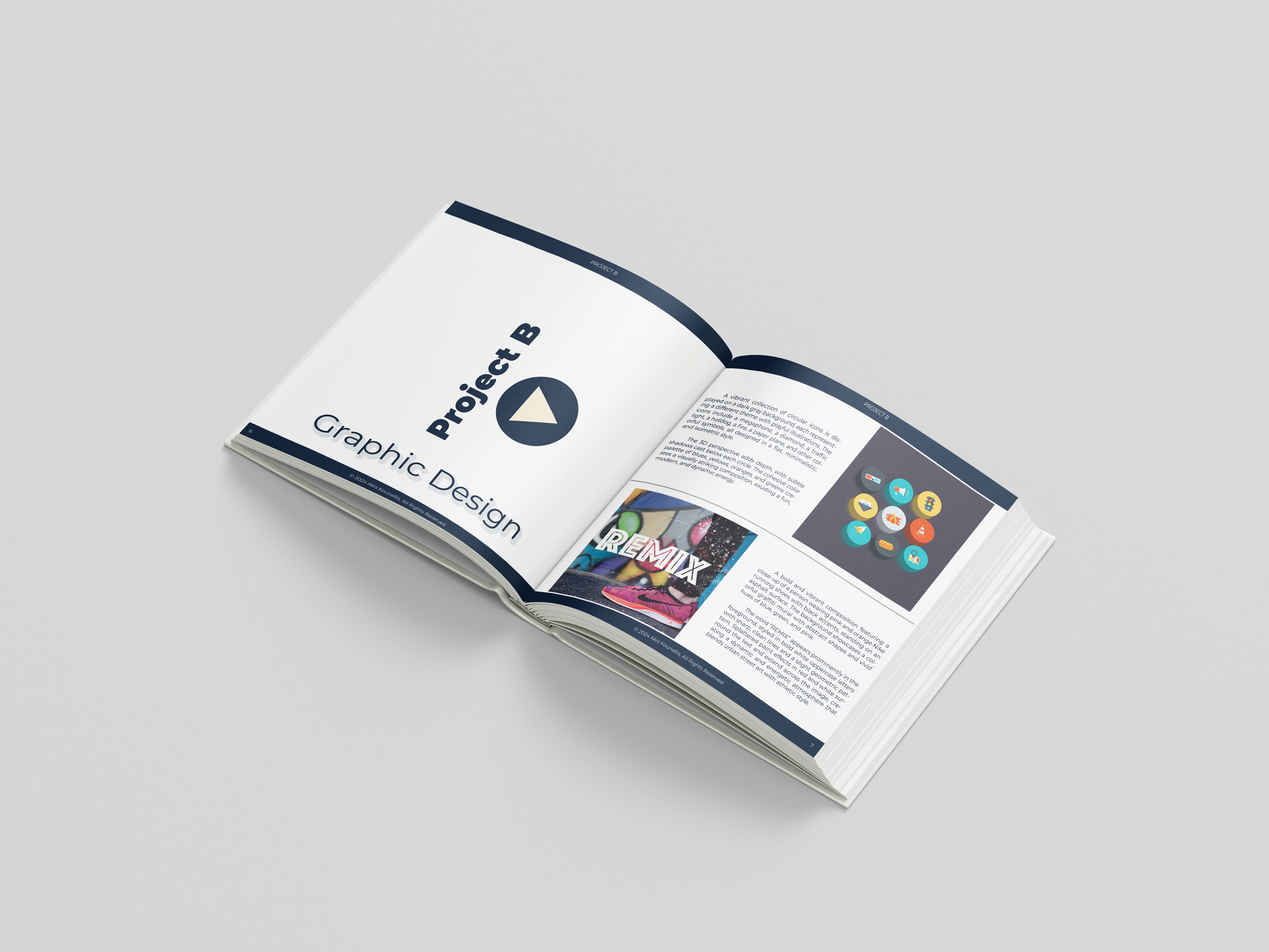 Editorial design book spread showing Project B with bold typography, a street art-inspired REMIX poster with sneakers, and flat-style circular icons.