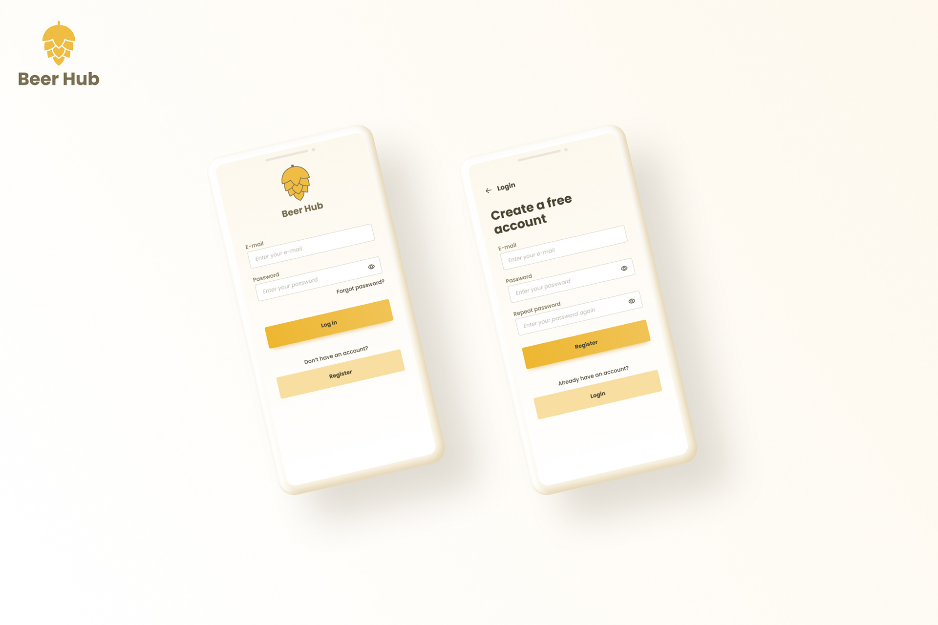 Beer Hub mobile app mockups showing login and registration screens.